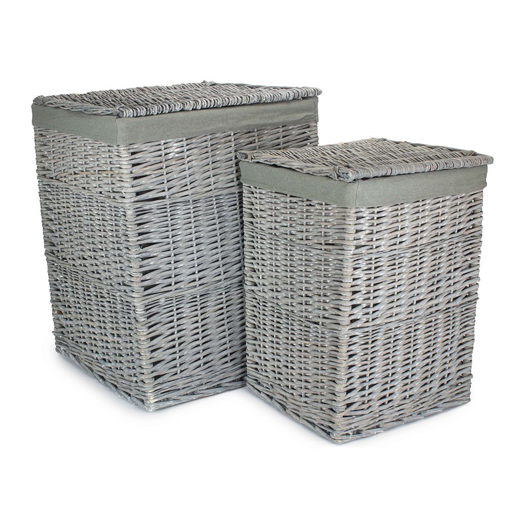 Grey Wash Willow Square Laundry Basket with Grey Sage Lining Set of 2 - REGN