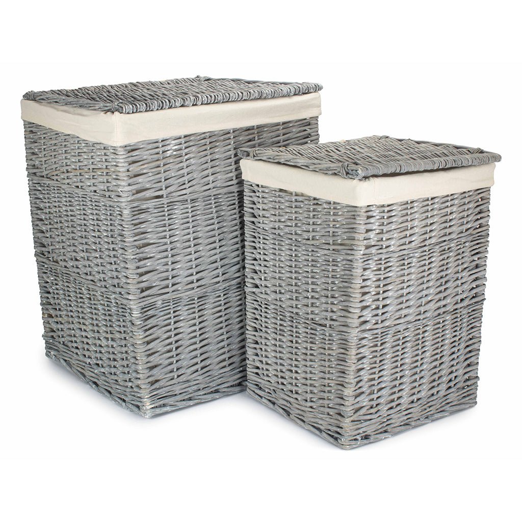 Grey Wash Willow Square Laundry Basket with White Lining Set of 2 - REGN