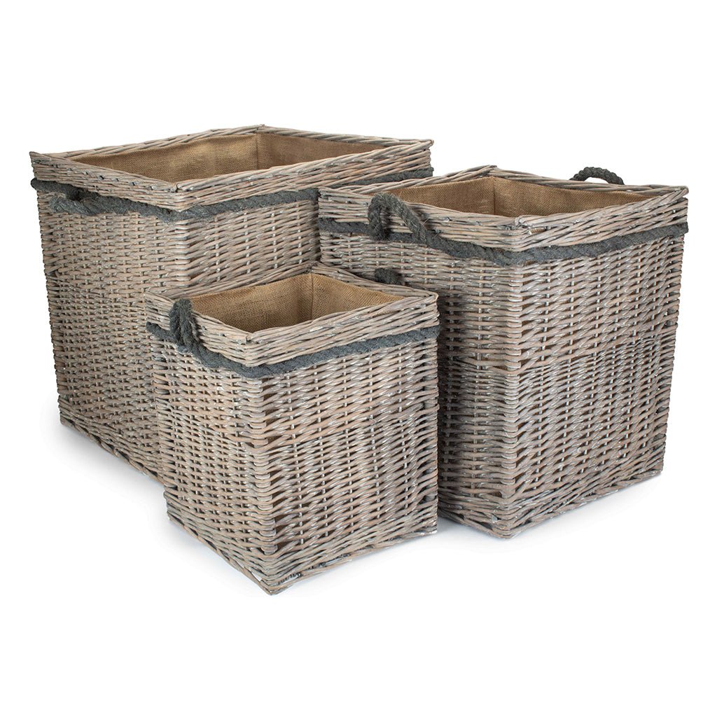 Grey Wash Willow Square Storage Basket Set 3 - REGN