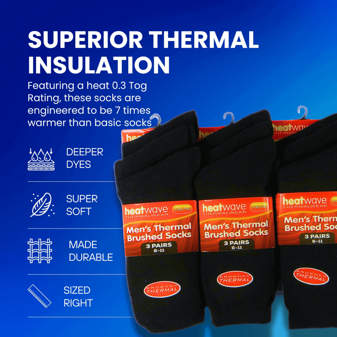 Heatwave Thermalwear Men's Black Thermal Socks 12 Pairs Double Brushed Advanced Knitting Technology - REGN