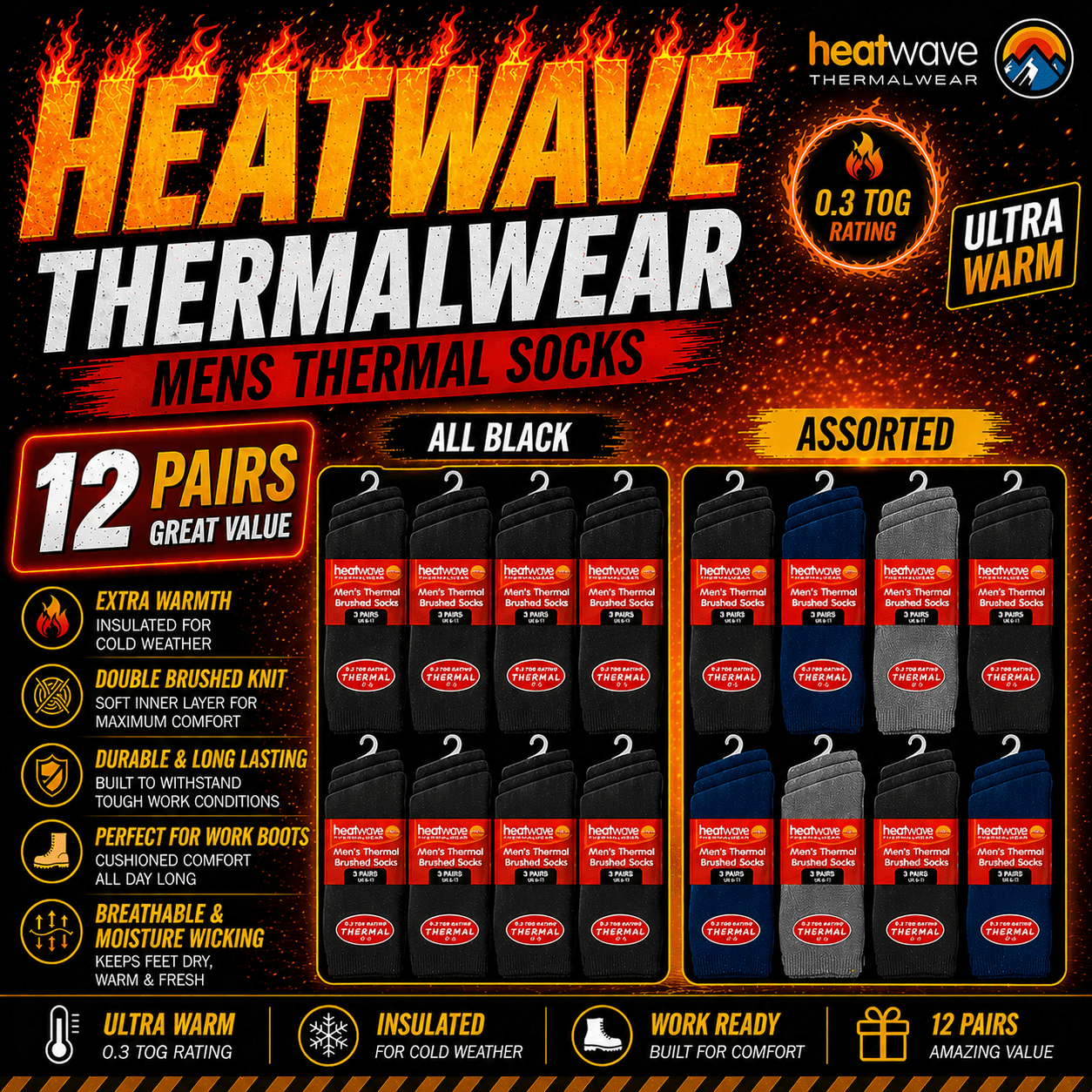 Heatwave Thermalwear Men's Black Thermal Socks 12 Pairs Double Brushed Advanced Knitting Technology - REGN