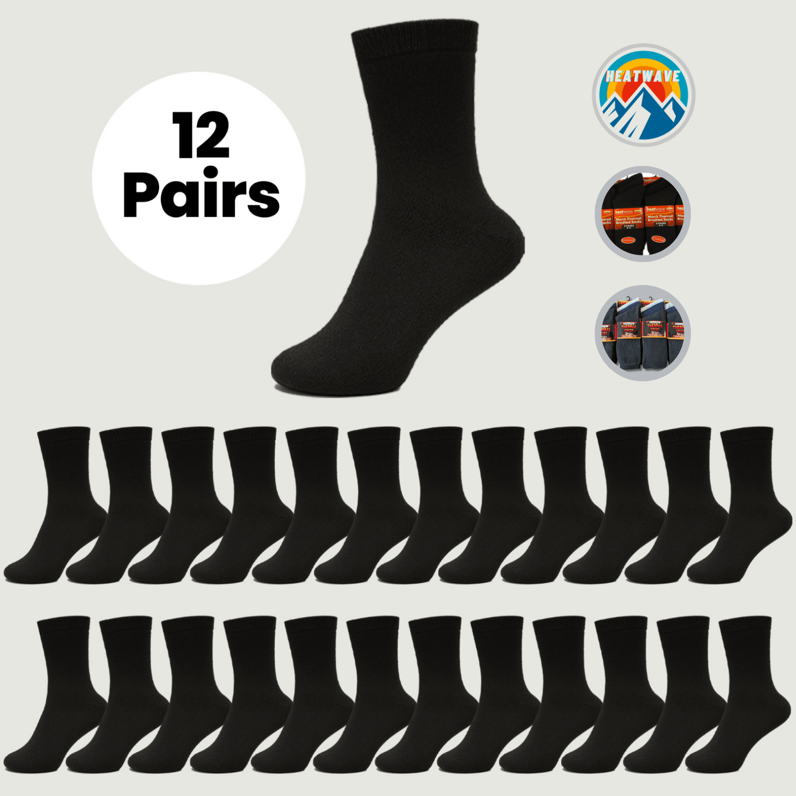 Heatwave Thermalwear Men's Black Thermal Socks 12 Pairs Double Brushed Advanced Knitting Technology - REGN