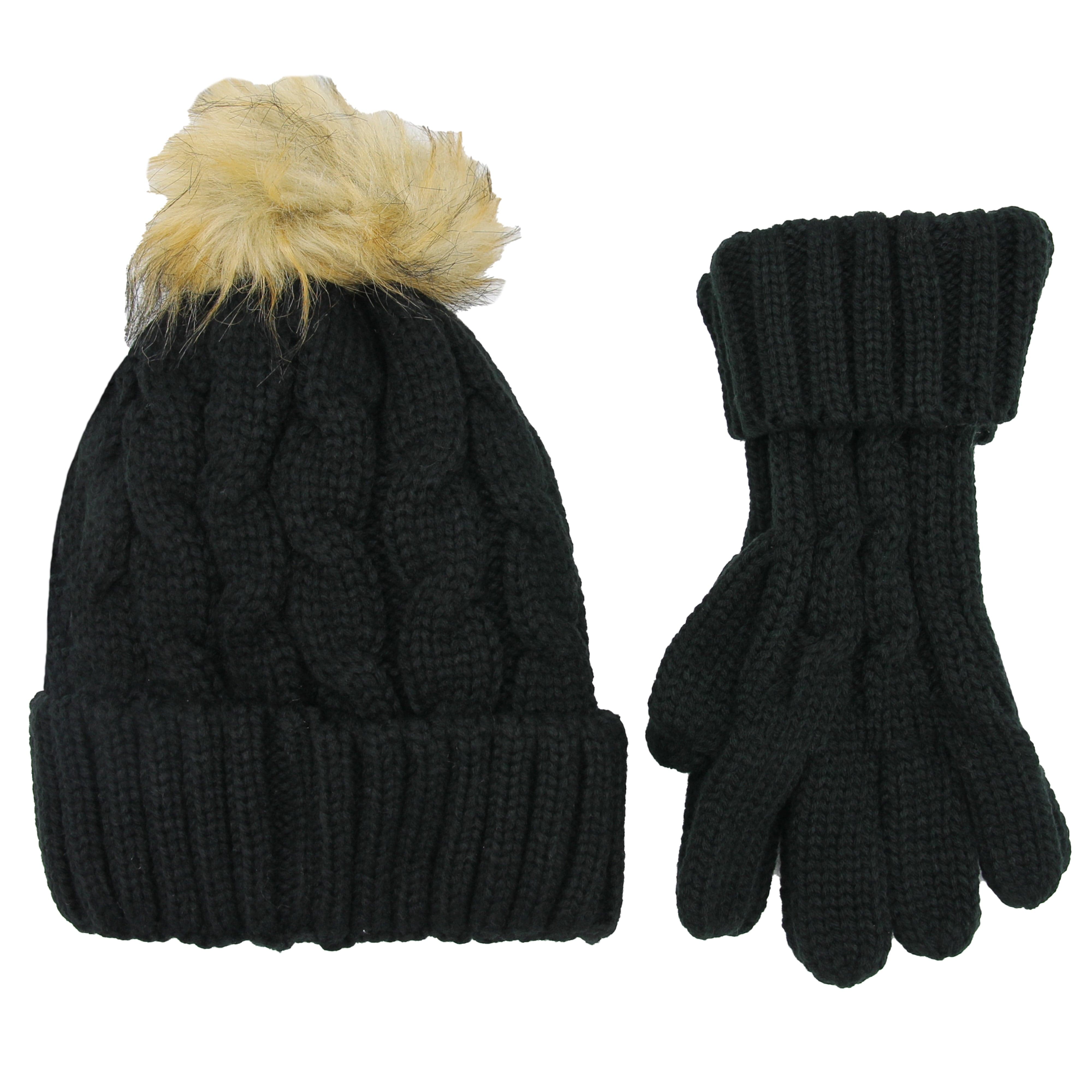 Heatwave Thermalwear Womens Black Chunky Knit Hat and Gloves Set with Faux Fur Pom Pom - REGN