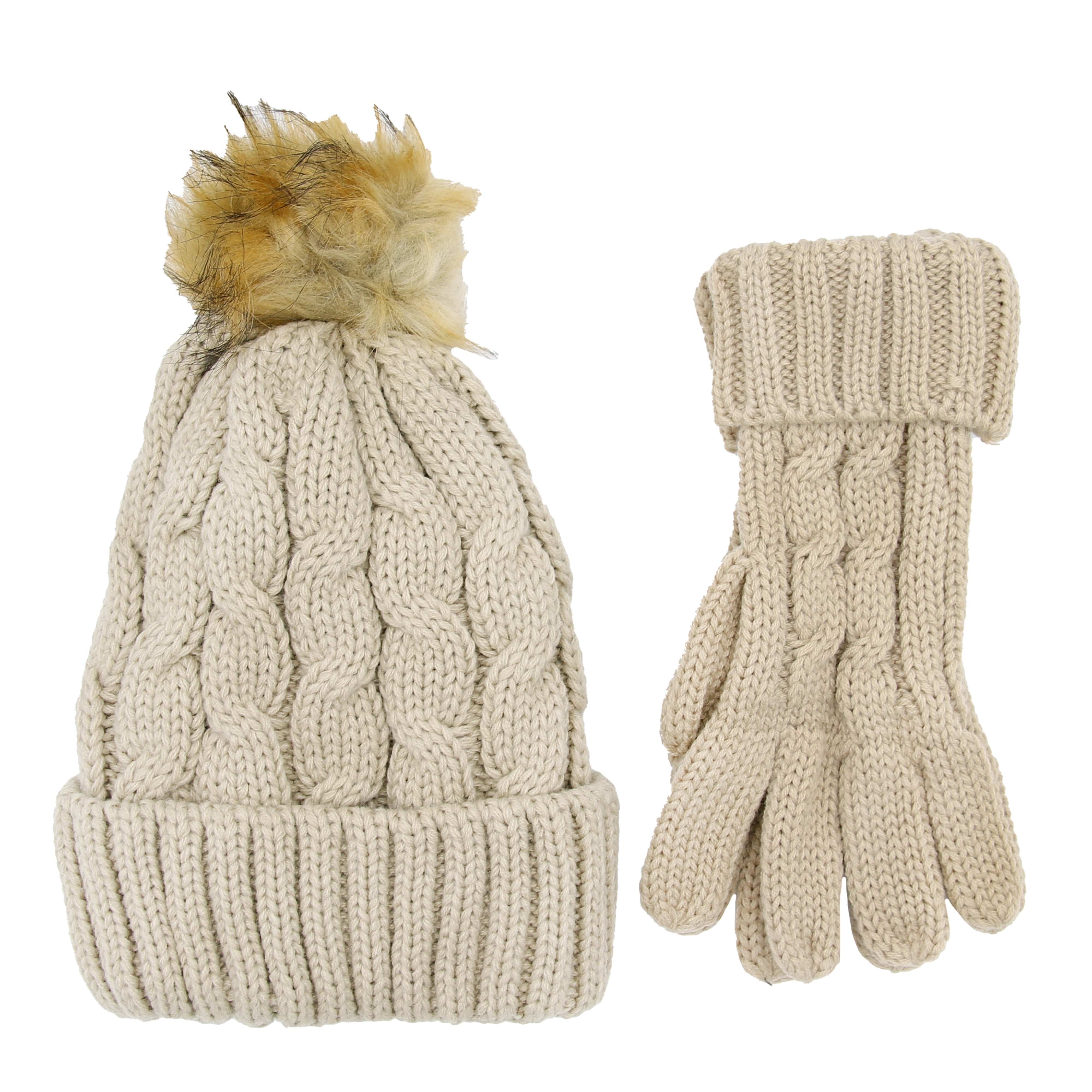 Heatwave Thermalwear Womens Cream Chunky Knit Winter Hat And Gloves Set With Faux Fur Pom - REGN