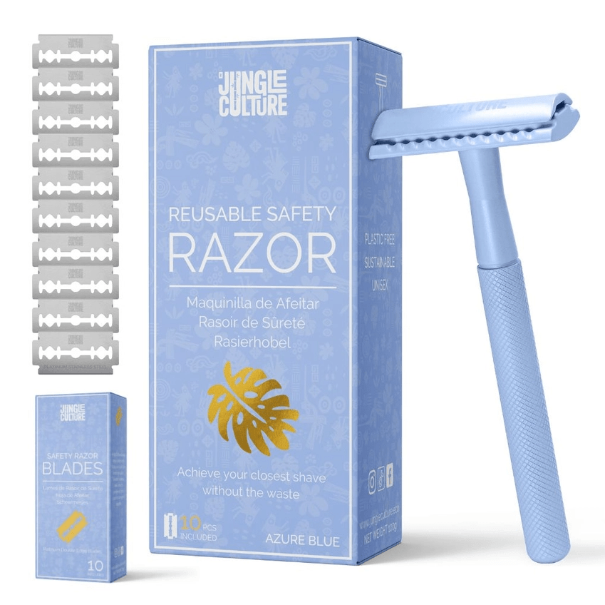 Jungle Culture Women's Reusable Safety Razor With 10 Blades - Premium Eco Single Blade Razor, Azure Blue - REGN
