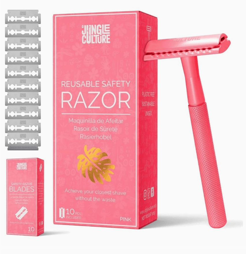 Jungle Culture Women's Reusable Safety Razor With 10 Blades - Premium Eco Single Blade Razor, Hot Pink - REGN