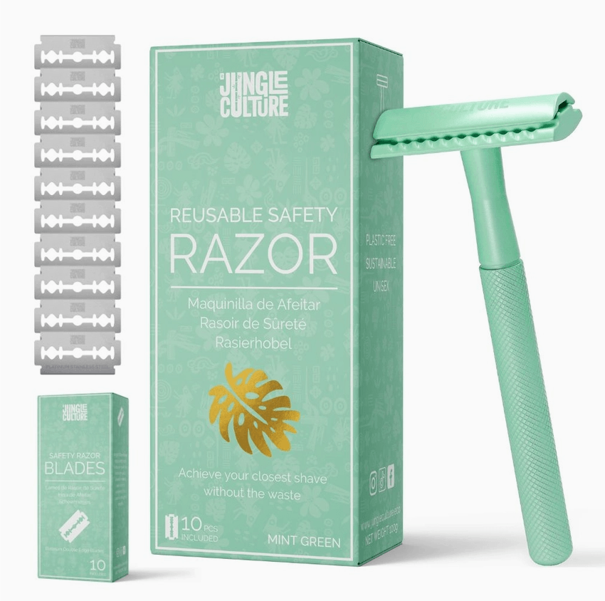 Jungle Culture Women's Reusable Safety Razor With 10 Blades - Premium Eco Single Blade Razor, Mint Green - REGN
