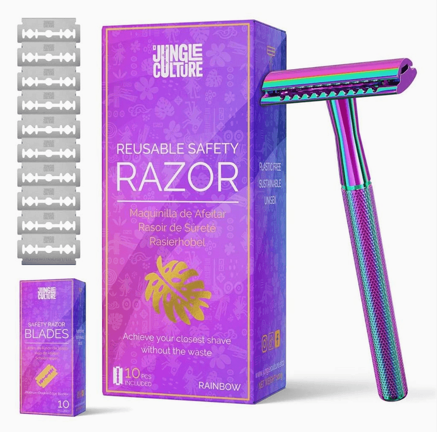 Jungle Culture Women's Reusable Safety Razor With 10 Blades - Premium Eco Single Blade Razor, Rainbow - REGN