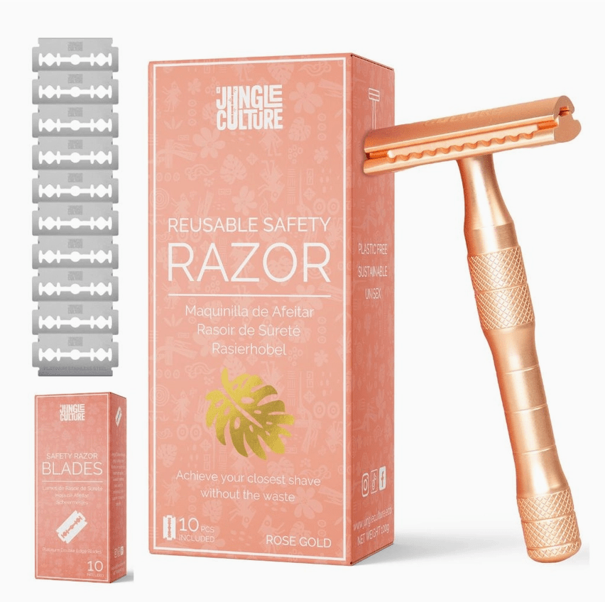 Jungle Culture Women's Reusable Safety Razor With 10 Blades - Premium Eco Single Blade Razor, Rose Gold - REGN