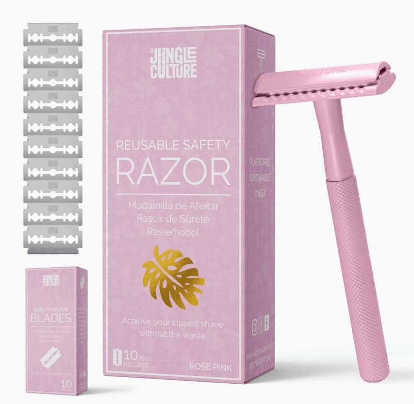 Jungle Culture Women's Reusable Safety Razor With 10 Blades - Premium Eco Single Blade Razor, Rose Pink - REGN