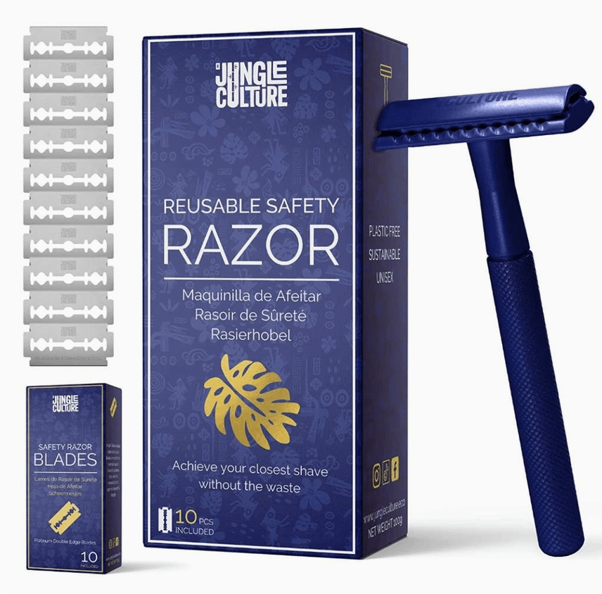 Jungle Culture Women's Reusable Safety Razor With 10 Blades - Premium Eco Single Blade Razor, Sapphire Blue - REGN