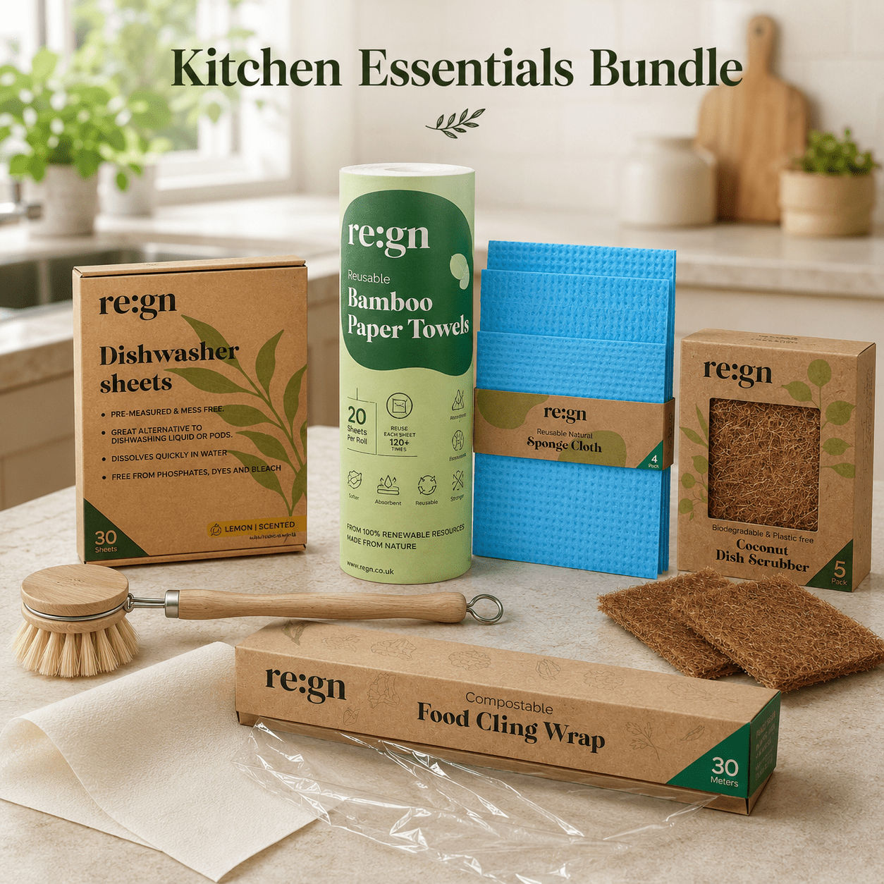 Kitchen Essentials Bundle - 6 Piece Eco Kitchen Cleaning & Storage Set - REGN