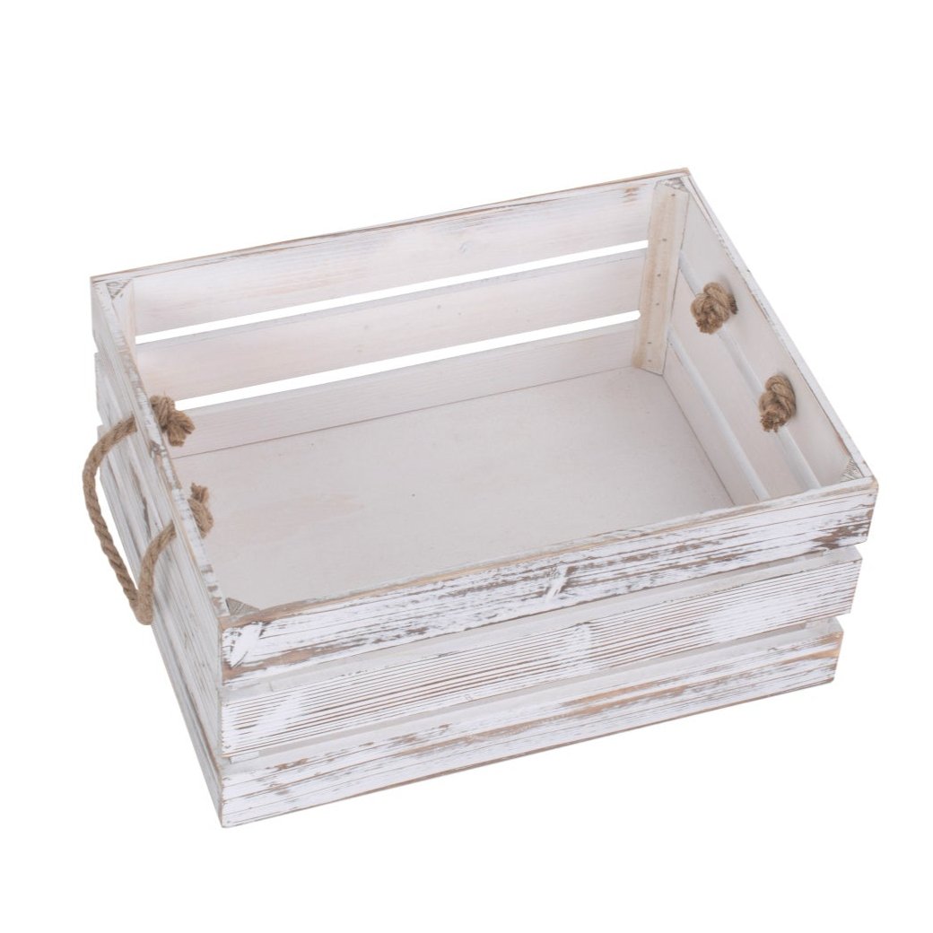 Large Distressed White Wash Rope Handled Crate - REGN