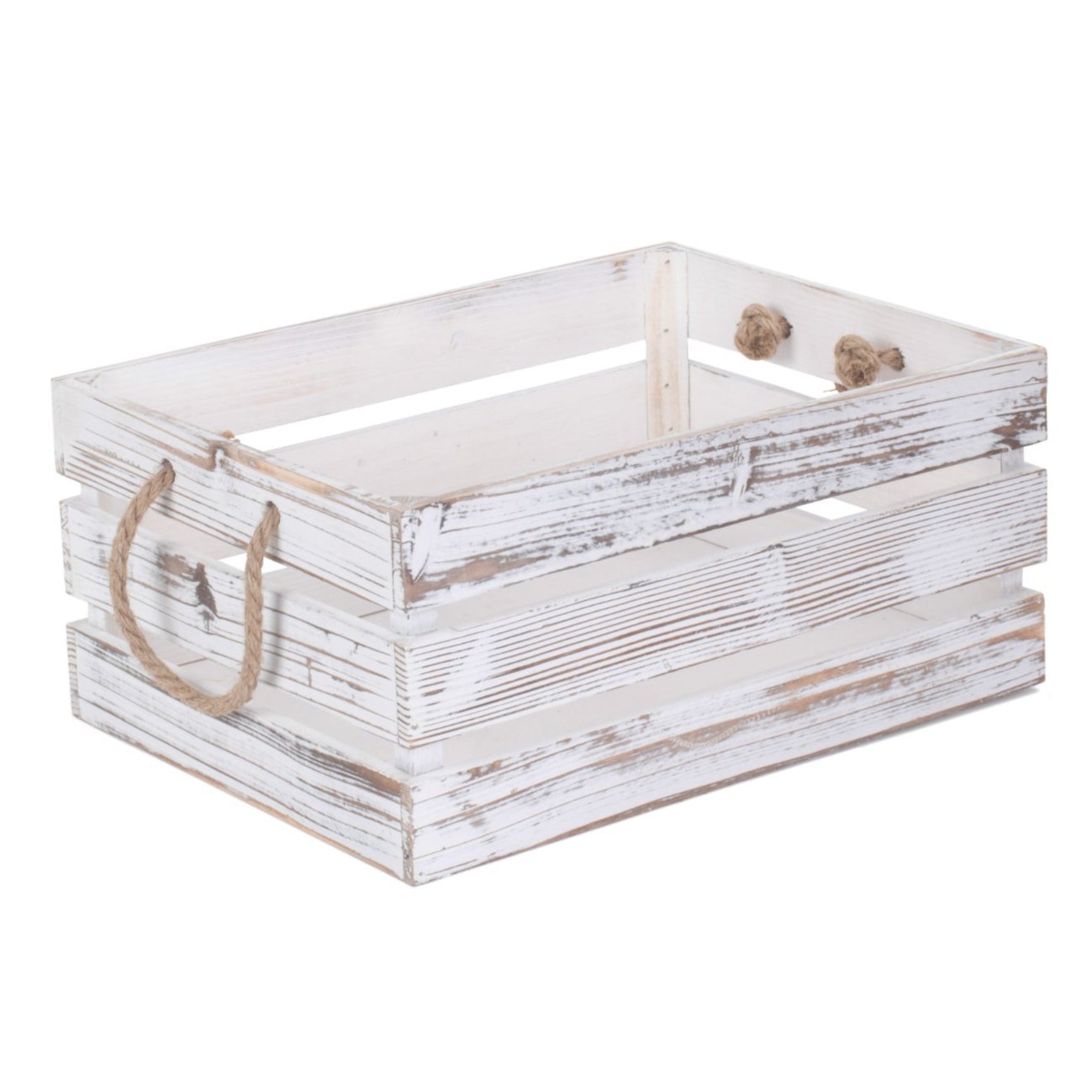 Large Distressed White Wash Rope Handled Crate - REGN