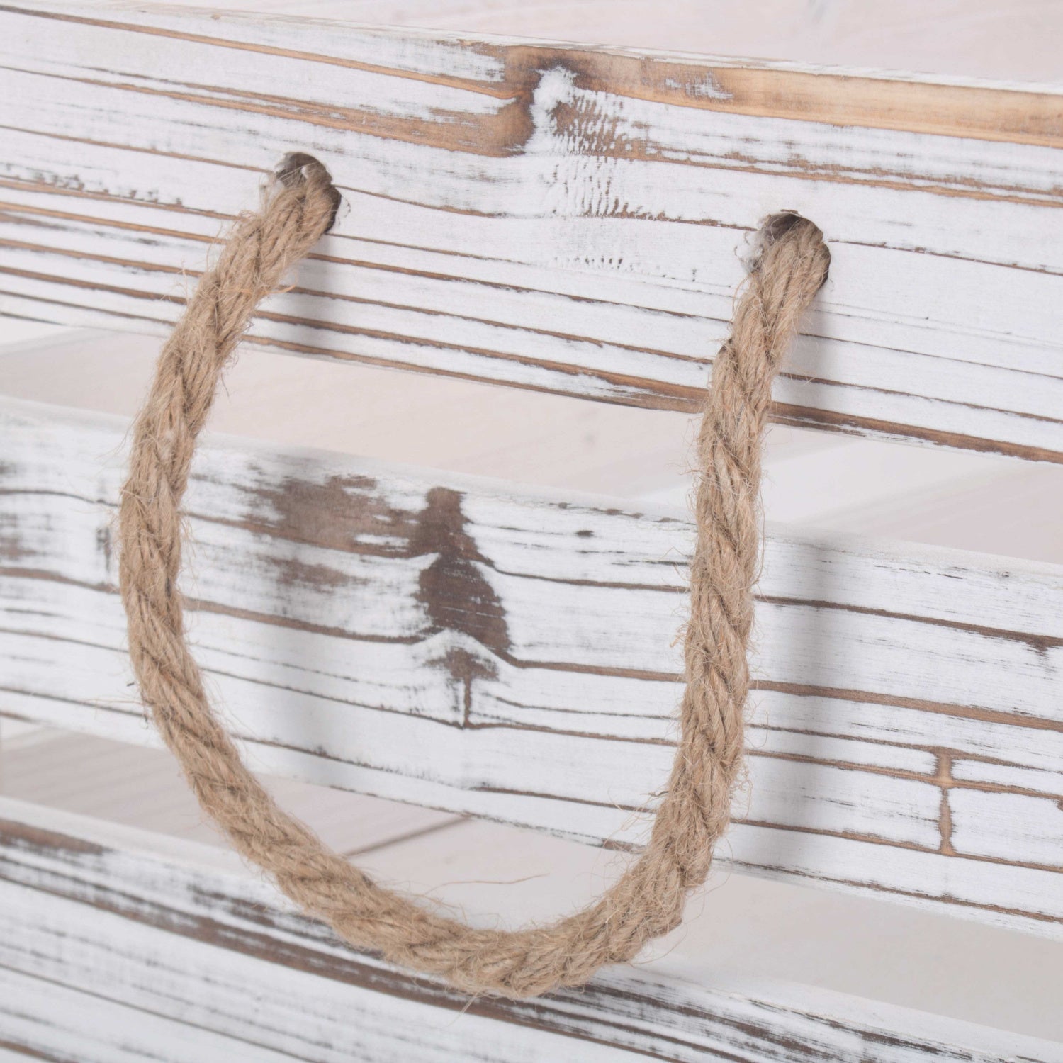 Large Distressed White Wash Rope Handled Crate - REGN