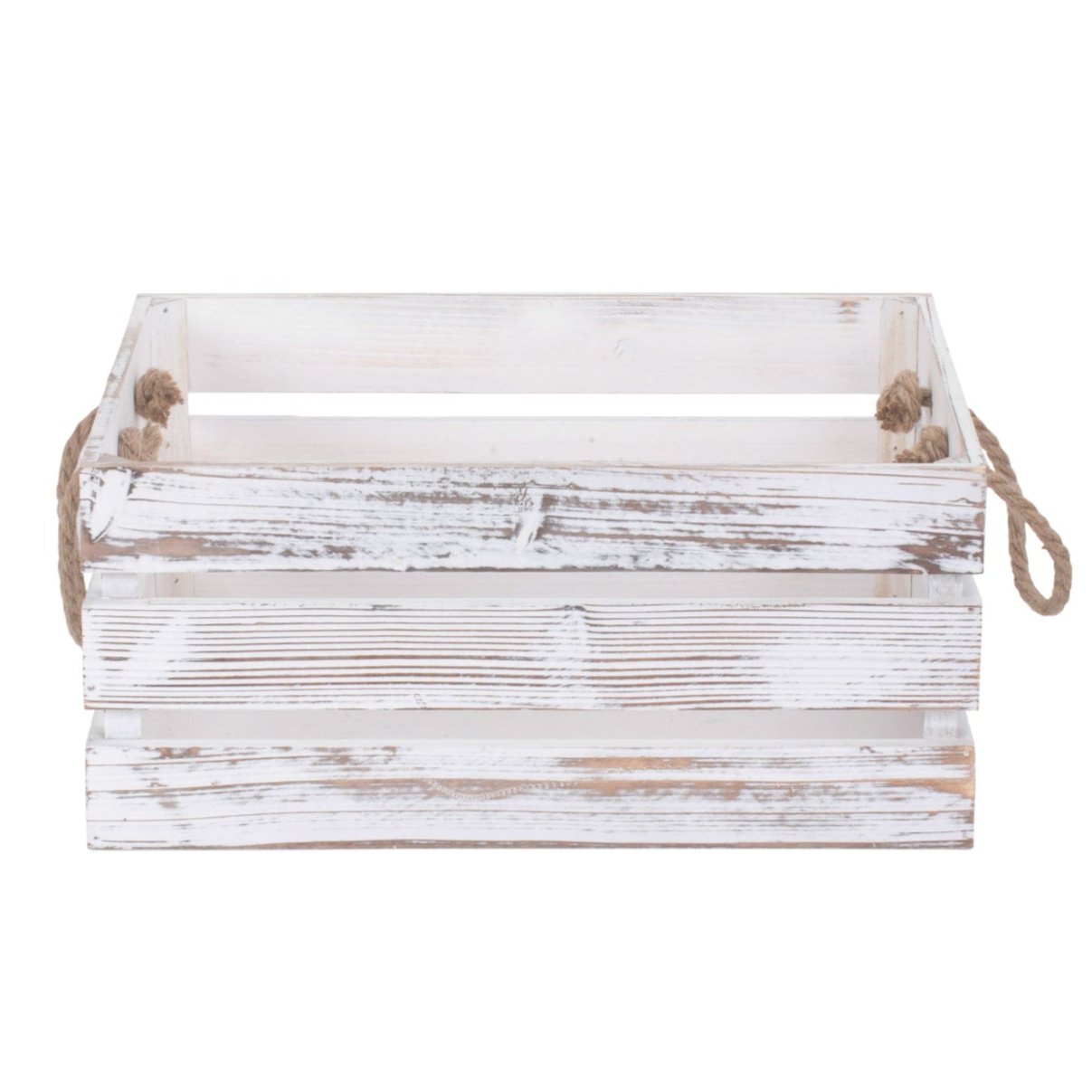 Large Distressed White Wash Rope Handled Crate - REGN