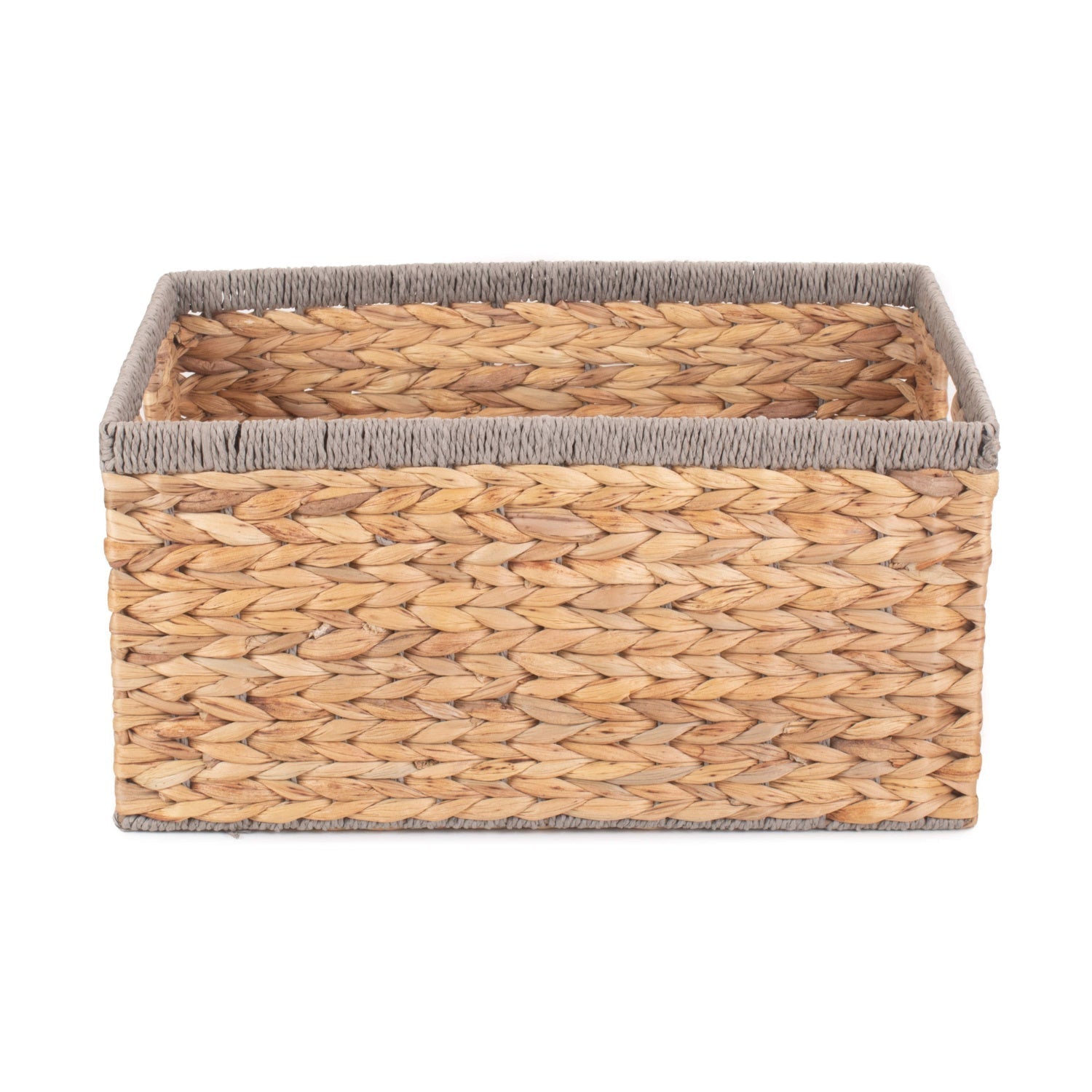 Large Rectangular Water Hyacinth Storage Basket with Grey Rope Border - REGN