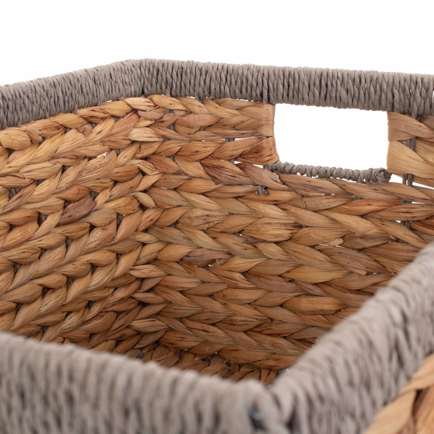 Large Rectangular Water Hyacinth Storage Basket with Grey Rope Border - REGN