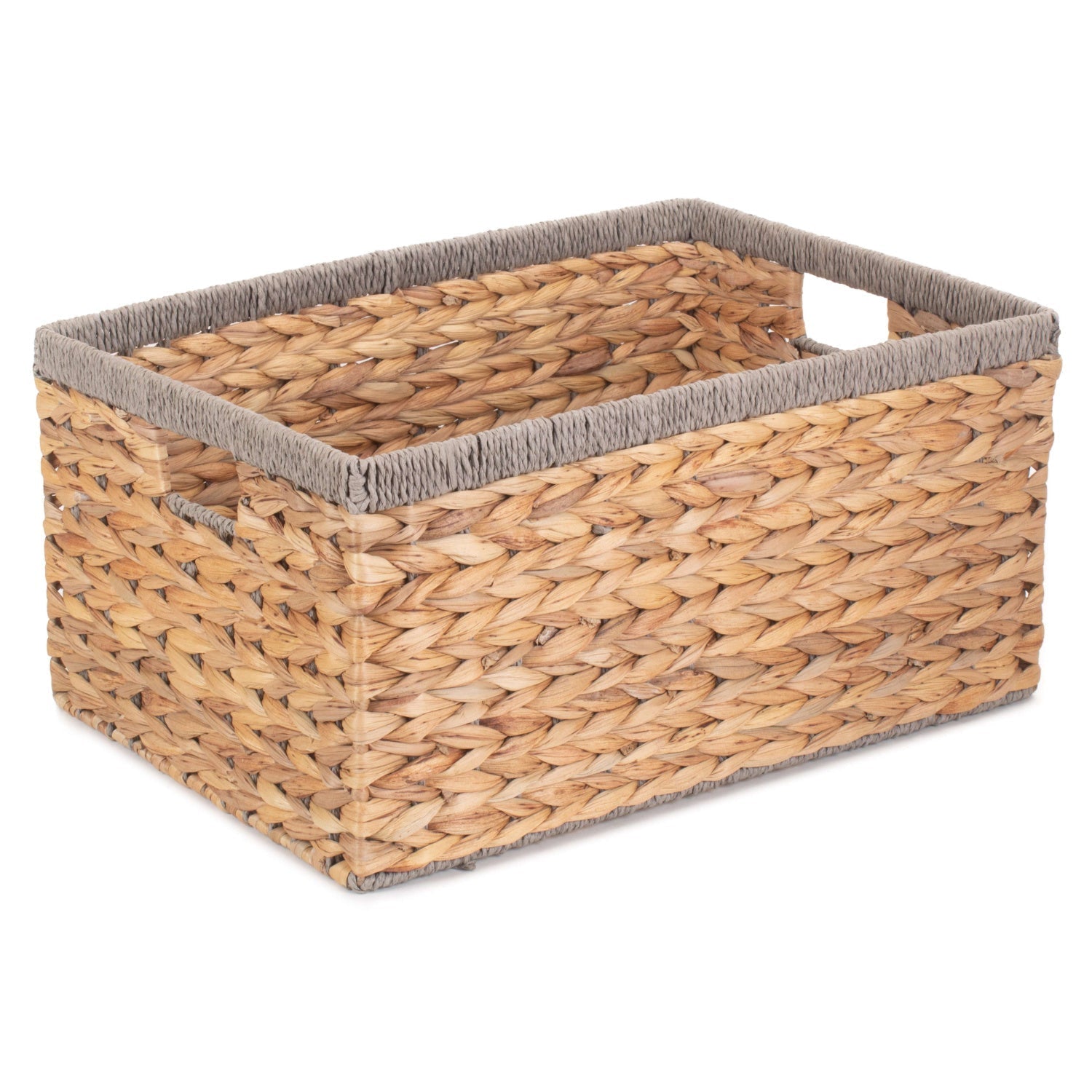 Large Rectangular Water Hyacinth Storage Basket with Grey Rope Border - REGN
