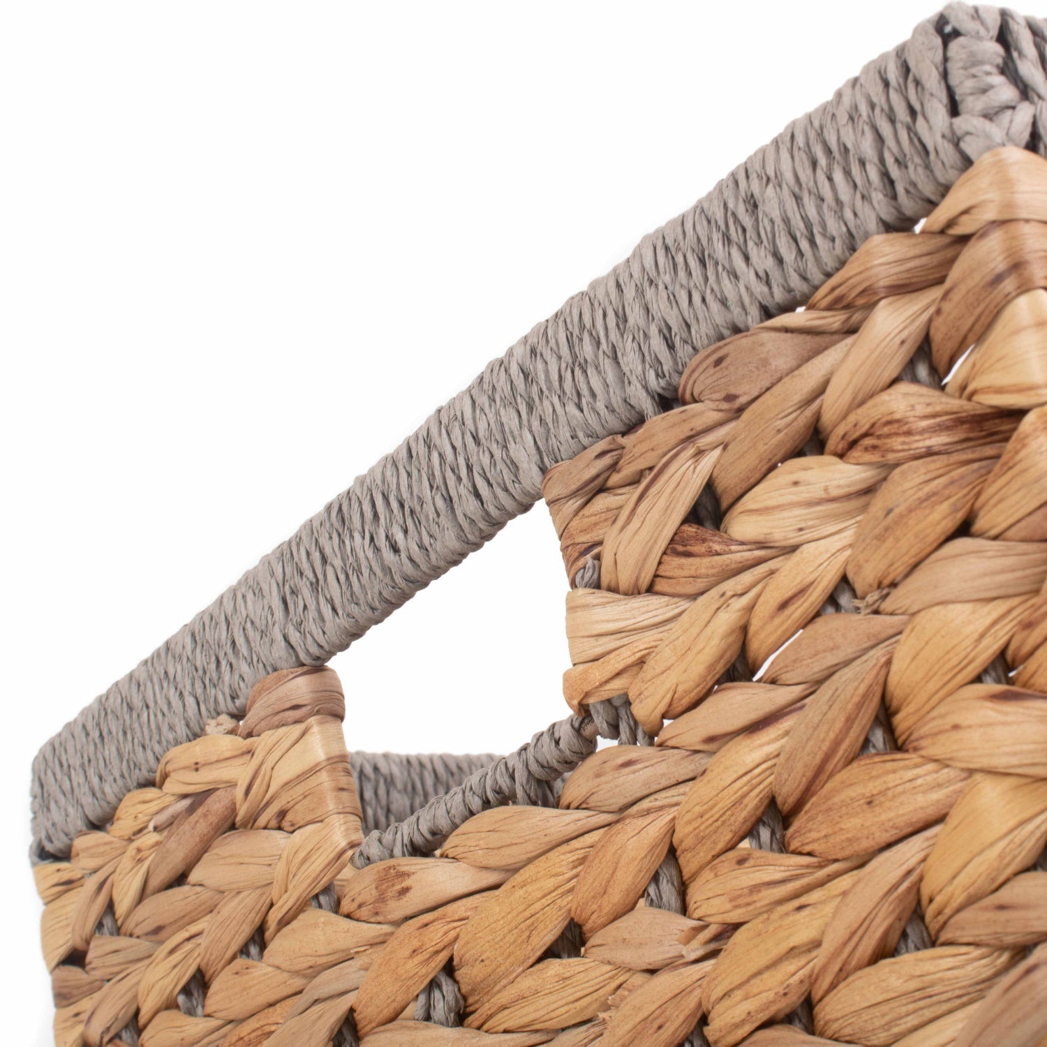 Large Rectangular Water Hyacinth Storage Basket with Grey Rope Border - REGN