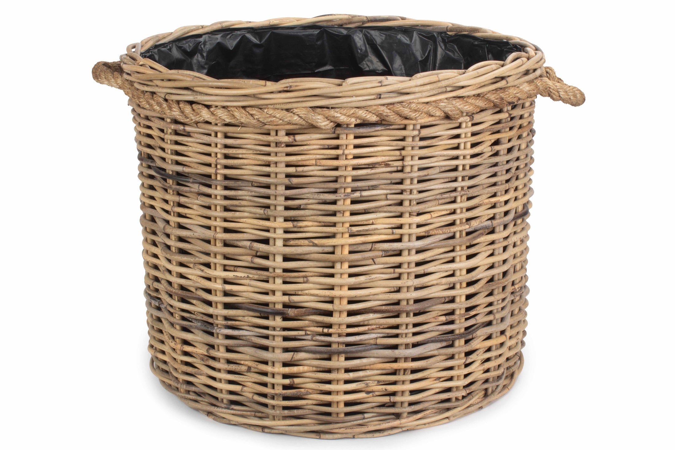 Large Rope Handled Rattan Round Planter With Plastic Lining - REGN