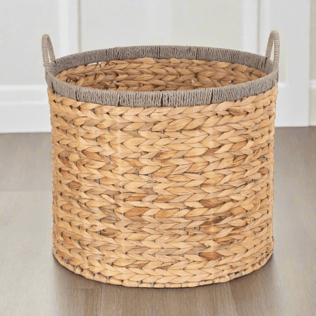 Large Round Water Hyacinth Storage Basket with Grey Rope Border - REGN