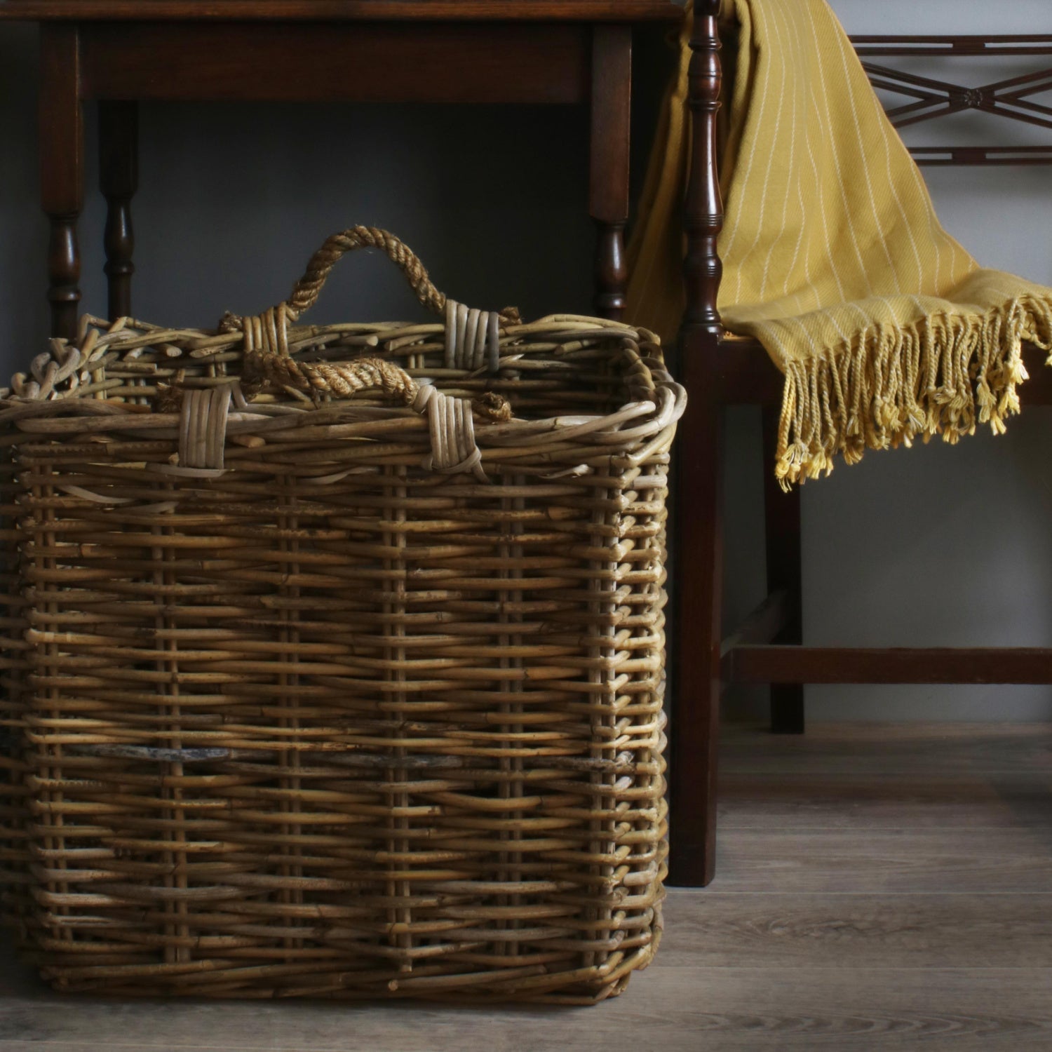 Large Square Grey Rattan Log Basket - REGN