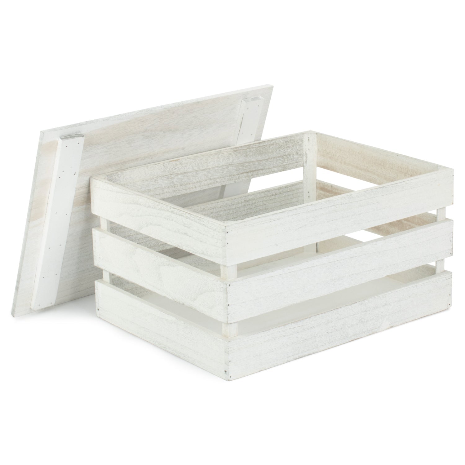 Large Vintage White Wash Slatted Wooden Box with Lid - REGN
