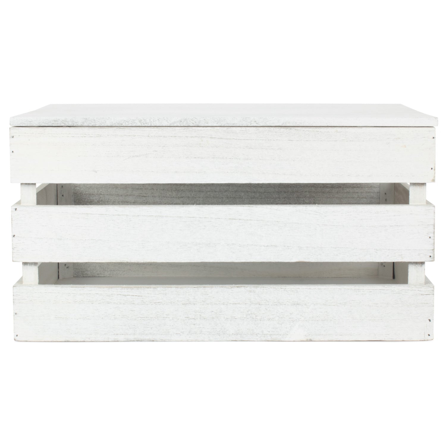 Large Vintage White Wash Slatted Wooden Box with Lid - REGN