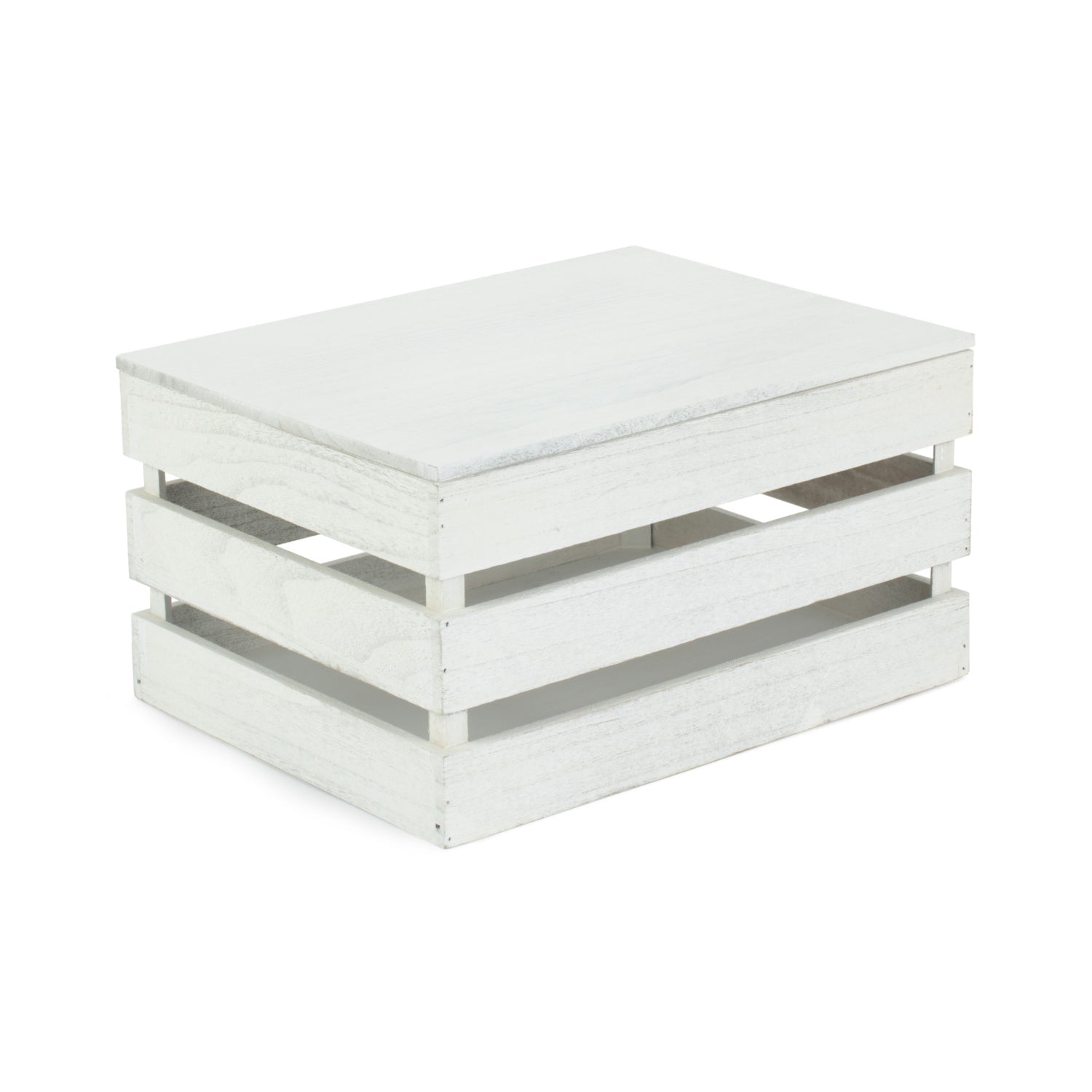 Large Vintage White Wash Slatted Wooden Box with Lid - REGN