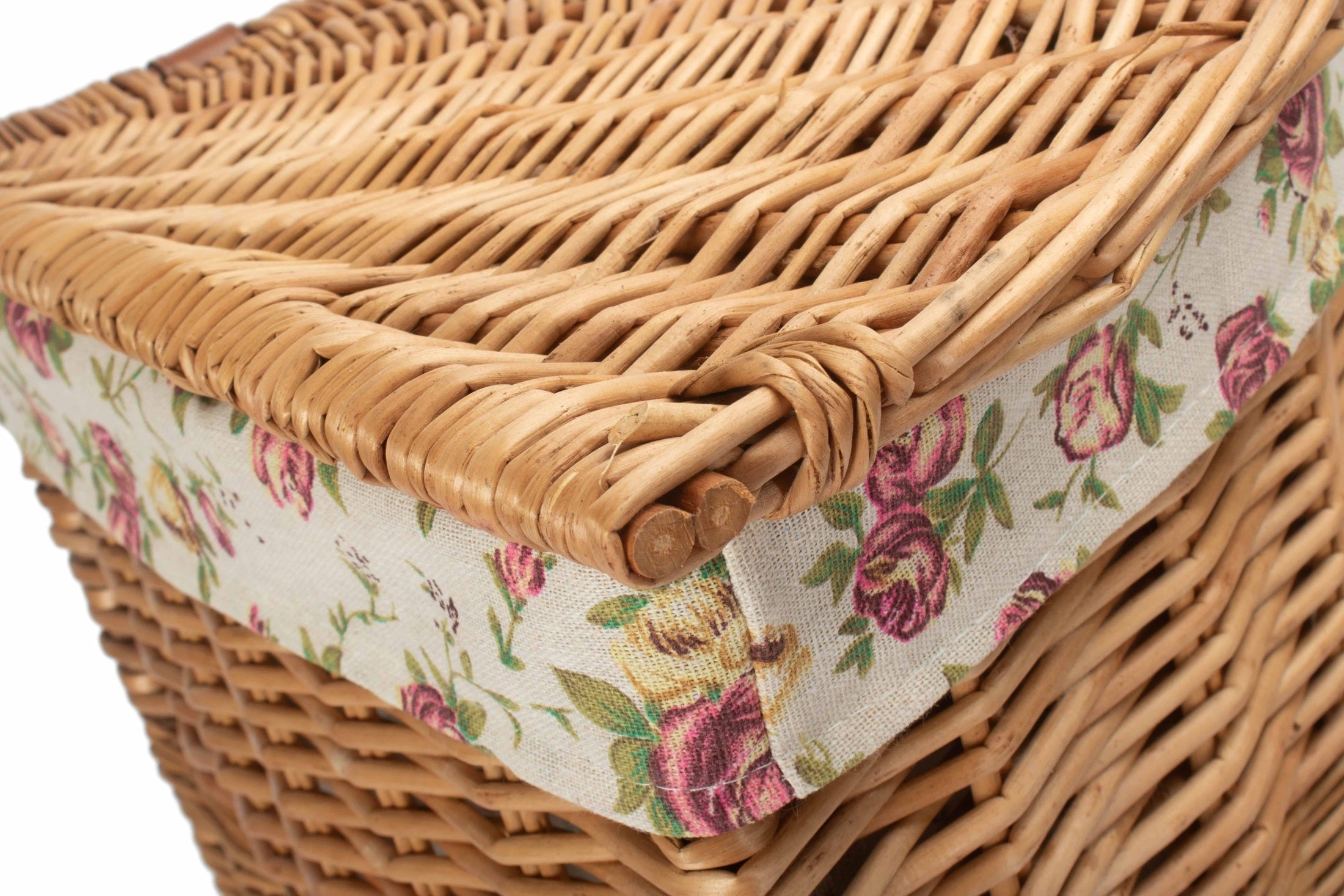 Light Steamed Willow Corner Linen Basket with Garden Rose Lining - Small - REGN