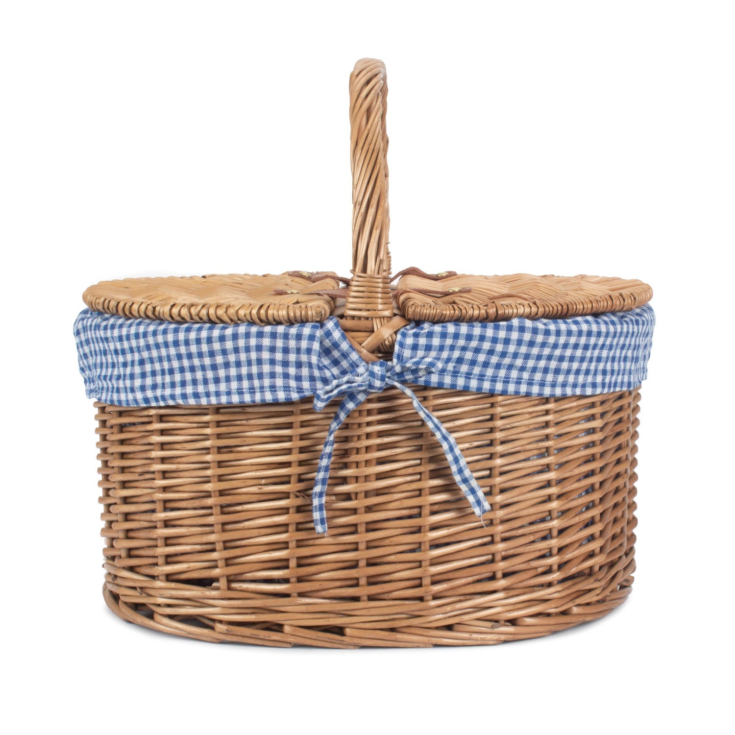 Light Steamed Willow Oval Lidded Picnic Hamper Basket with Blue & White Checked Lining - REGN