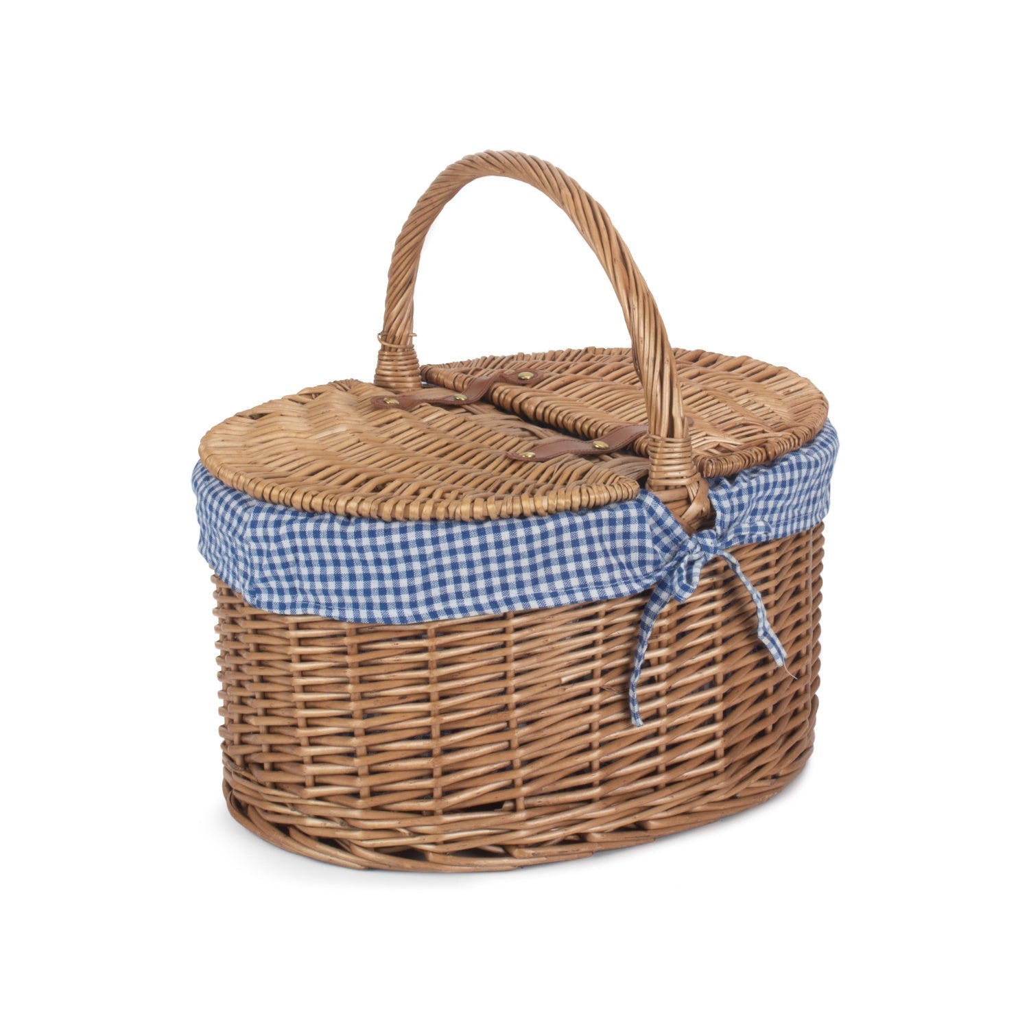 Light Steamed Willow Oval Lidded Picnic Hamper Basket with Blue & White Checked Lining - REGN