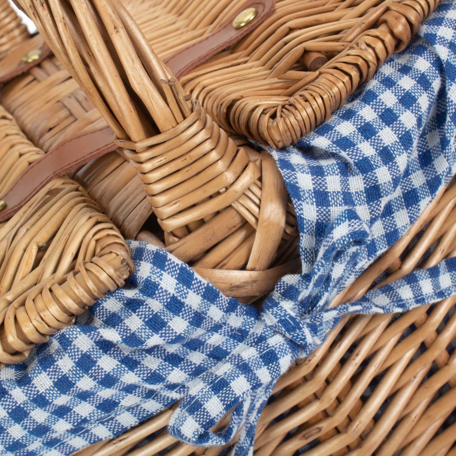 Light Steamed Willow Oval Lidded Picnic Hamper Basket with Blue & White Checked Lining - REGN