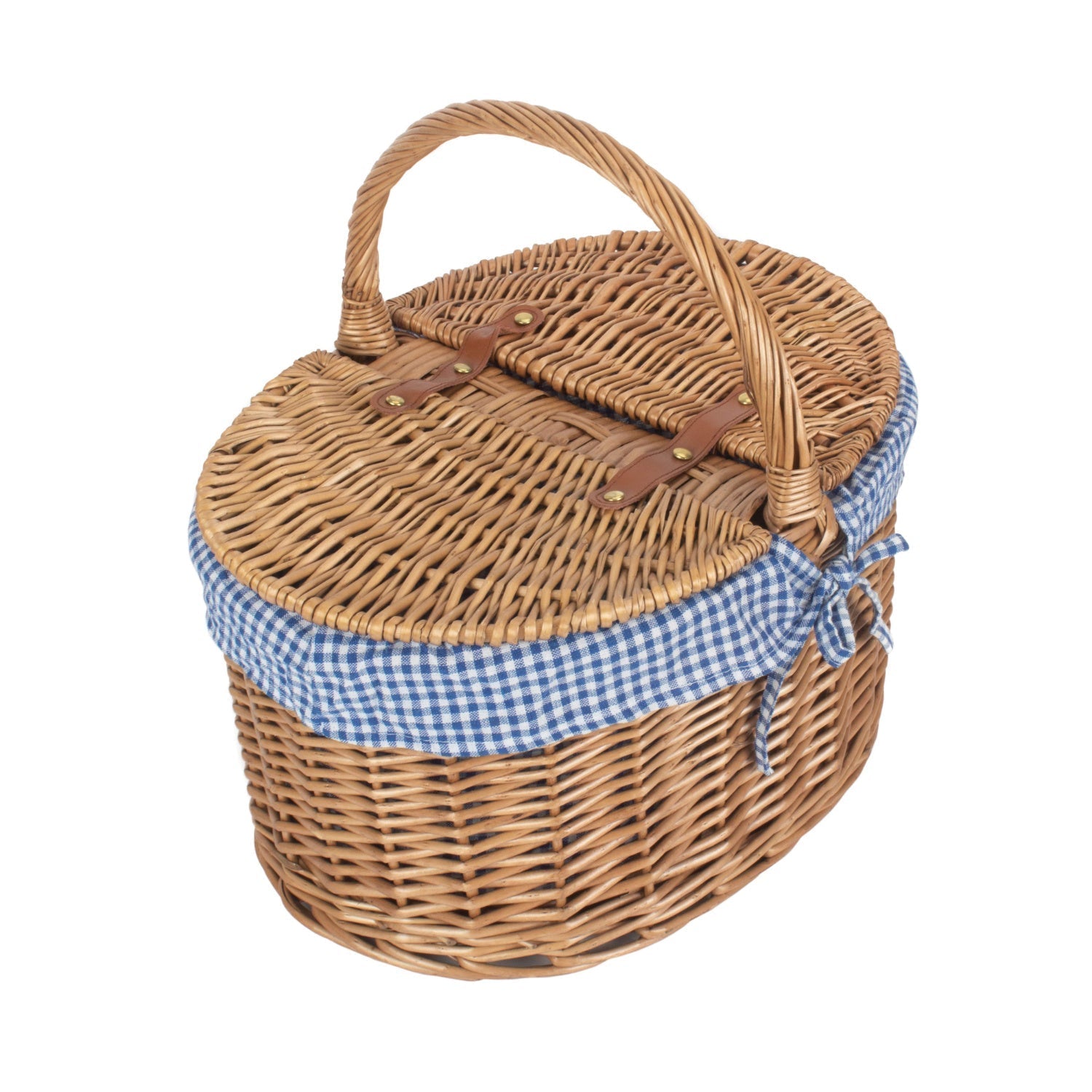 Light Steamed Willow Oval Lidded Picnic Hamper Basket with Blue & White Checked Lining - REGN