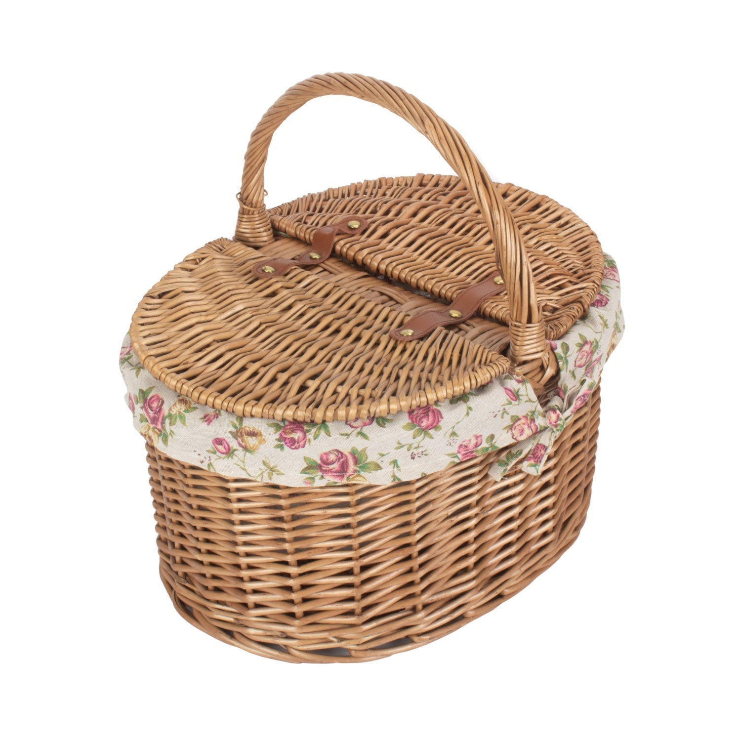 Light Steamed Willow Oval Lidded Picnic Hamper Basket with Garden Rose Lining - REGN
