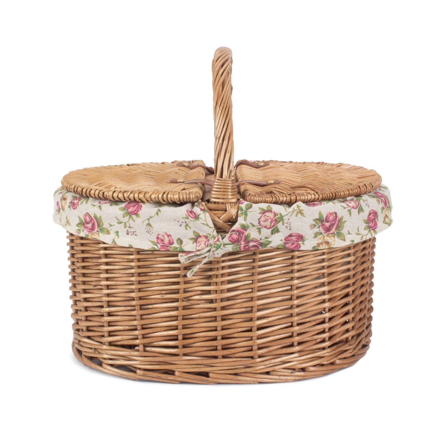Light Steamed Willow Oval Lidded Picnic Hamper Basket with Garden Rose Lining - REGN