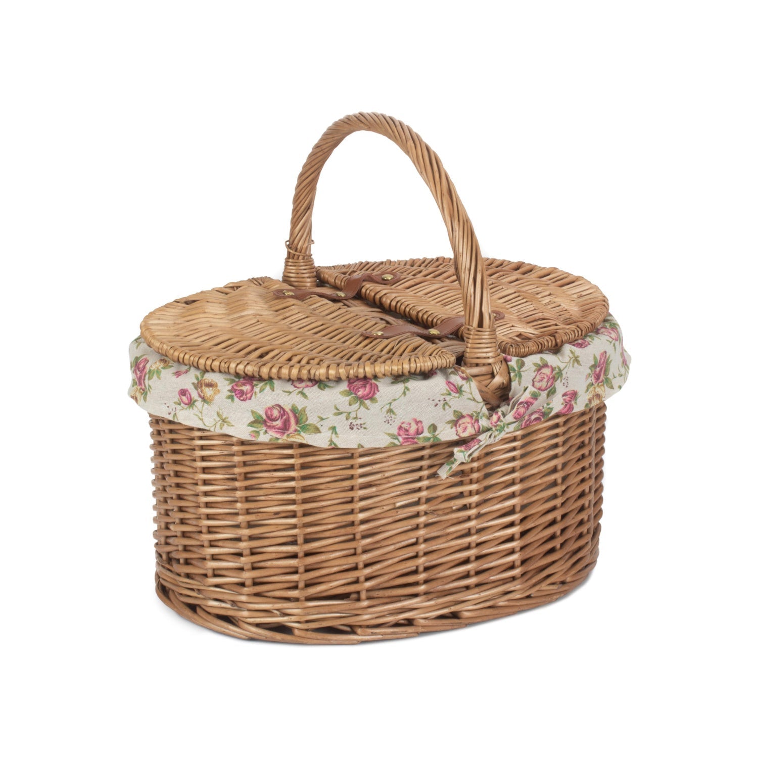 Light Steamed Willow Oval Lidded Picnic Hamper Basket with Garden Rose Lining - REGN