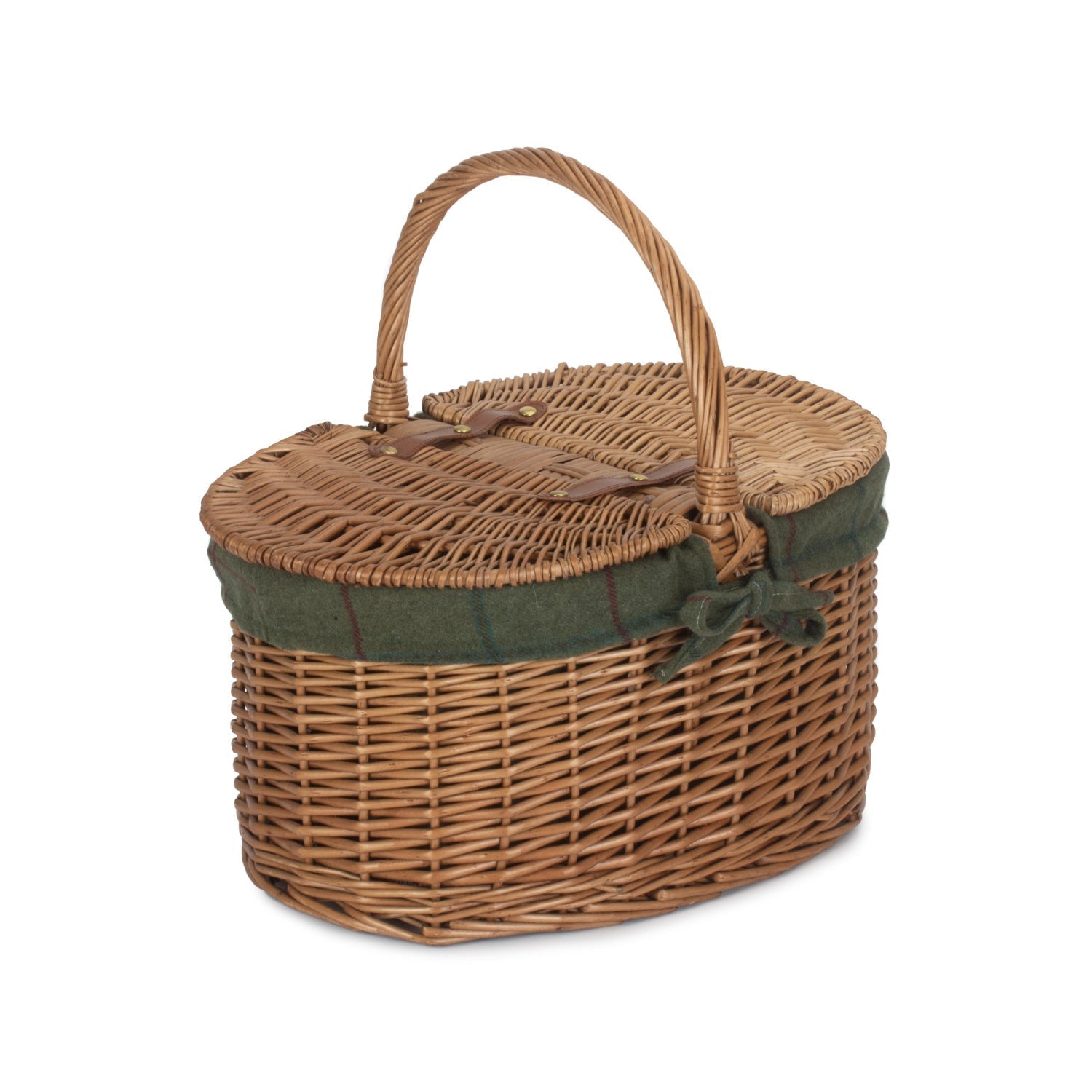 Light Steamed Willow Oval Lidded Picnic Hamper Basket with Green Tweed Lining - REGN