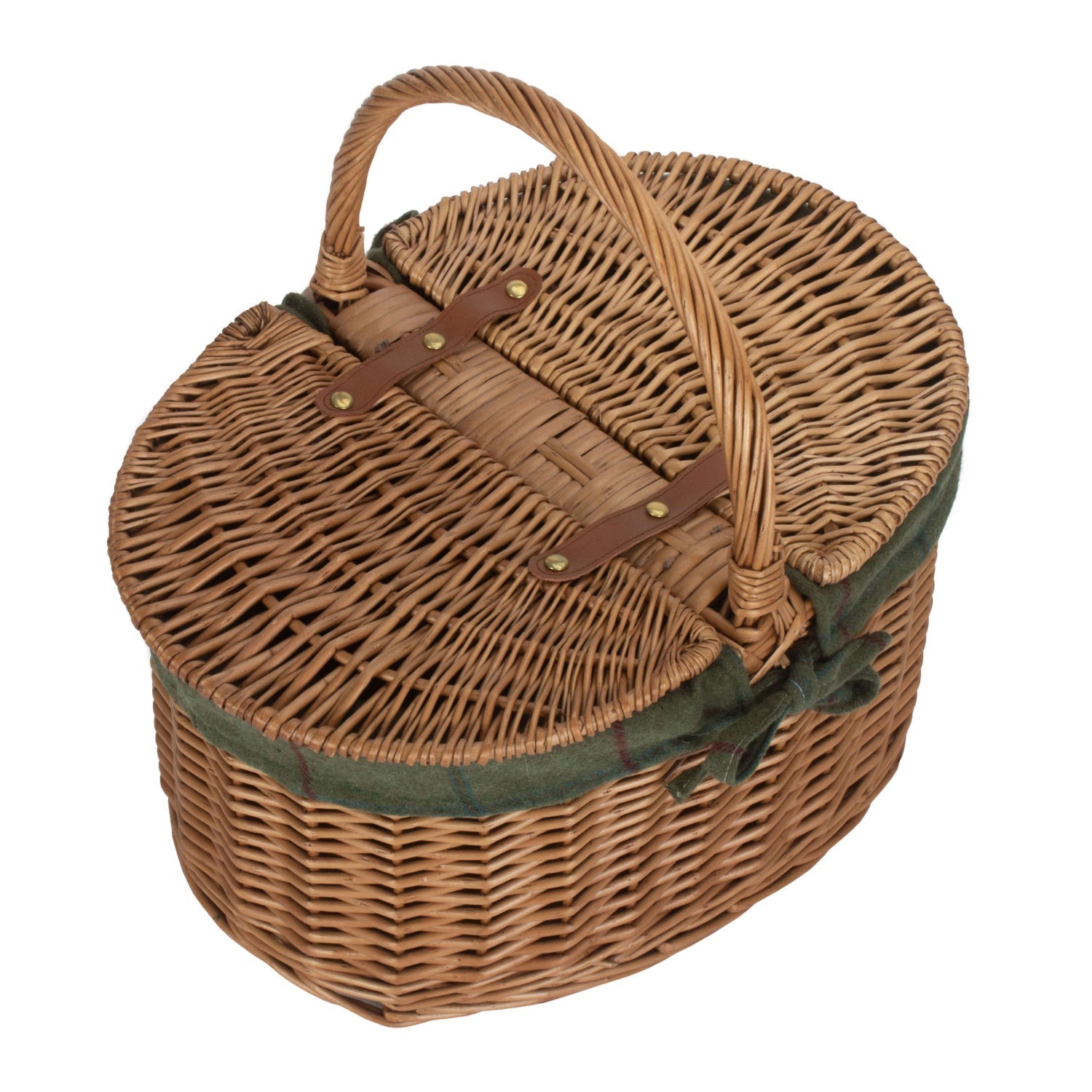 Light Steamed Willow Oval Lidded Picnic Hamper Basket with Green Tweed Lining - REGN