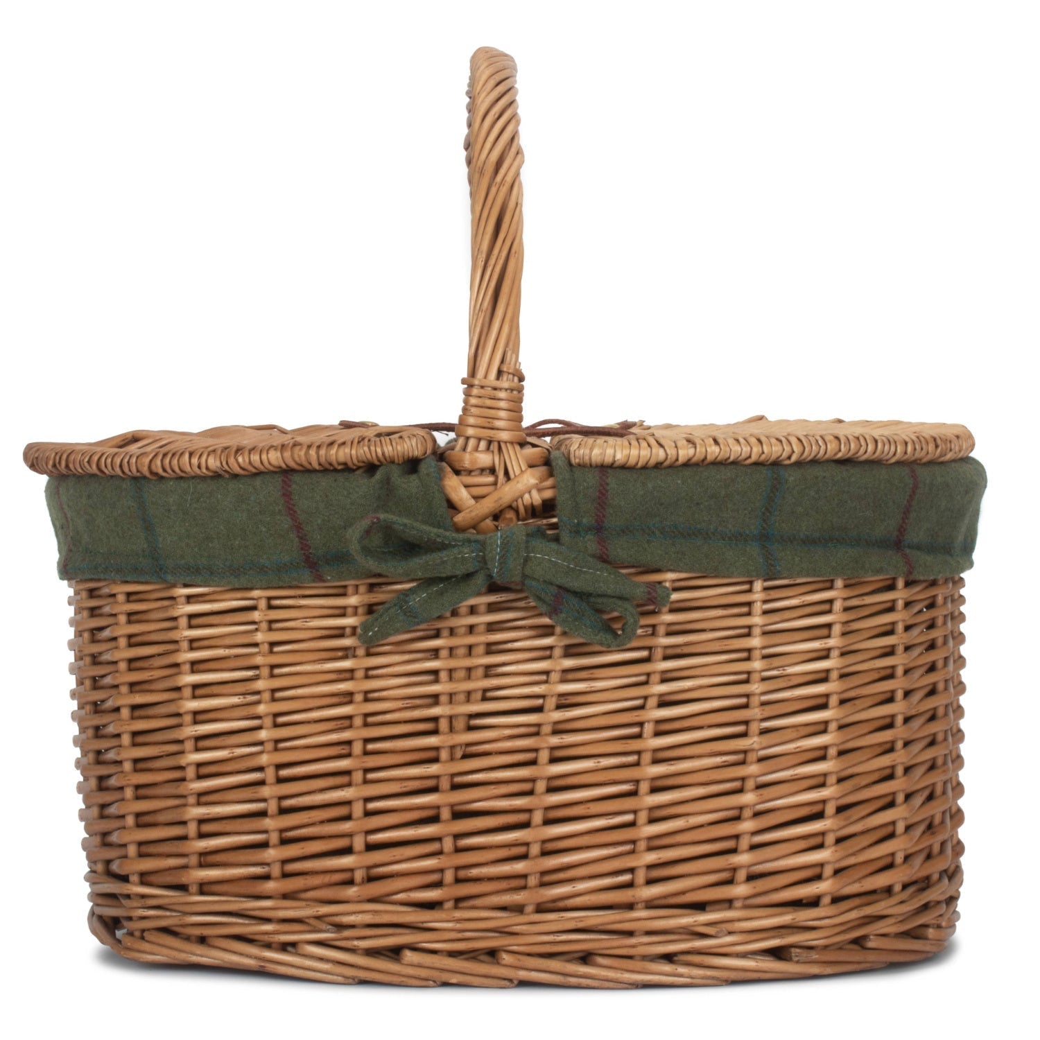 Light Steamed Willow Oval Lidded Picnic Hamper Basket with Green Tweed Lining - REGN