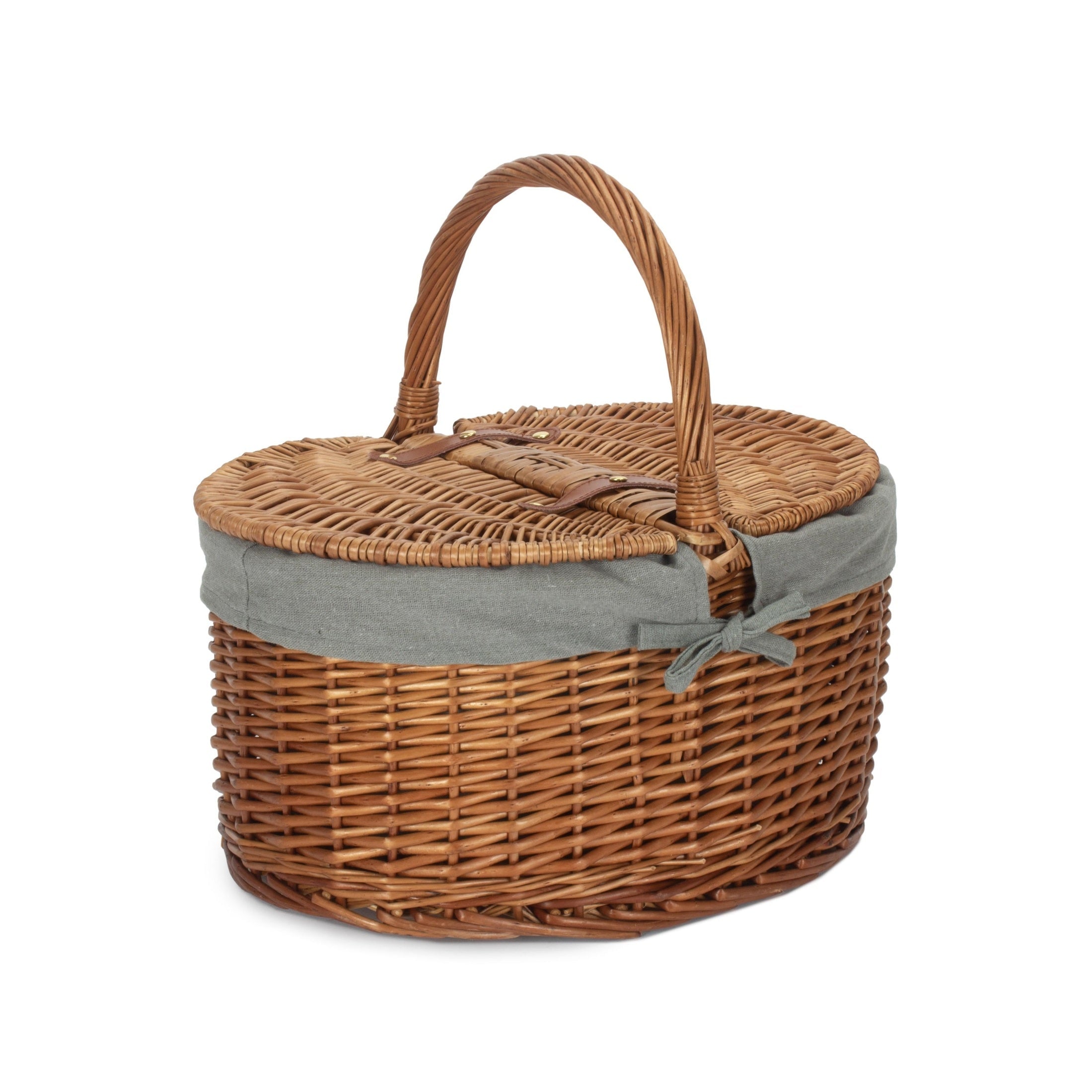 Light Steamed Willow Oval Lidded Picnic Hamper Basket with Grey Sage Lining - REGN