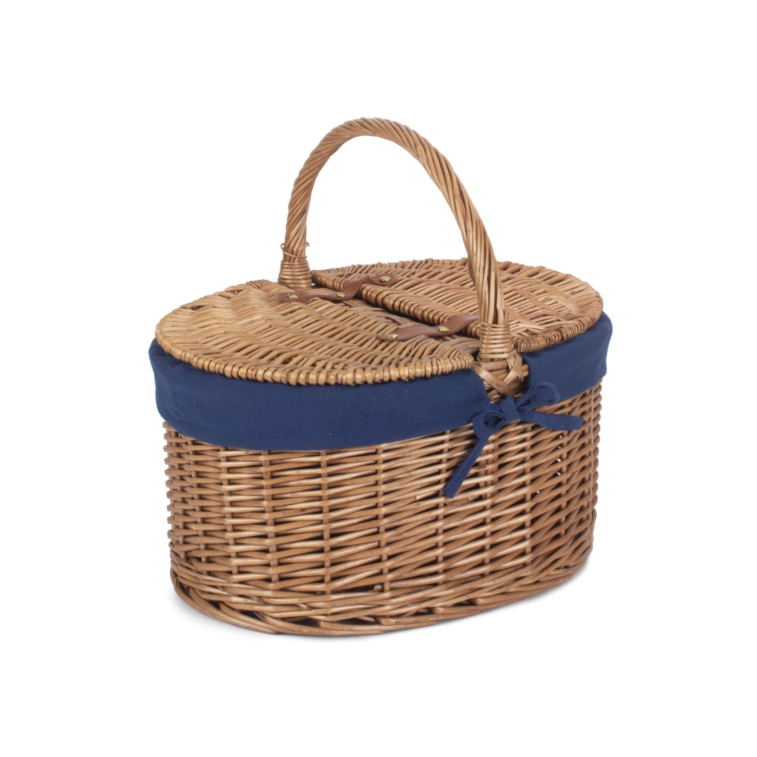 Light Steamed Willow Oval Lidded Picnic Hamper Basket with Navy Blue Lining - REGN