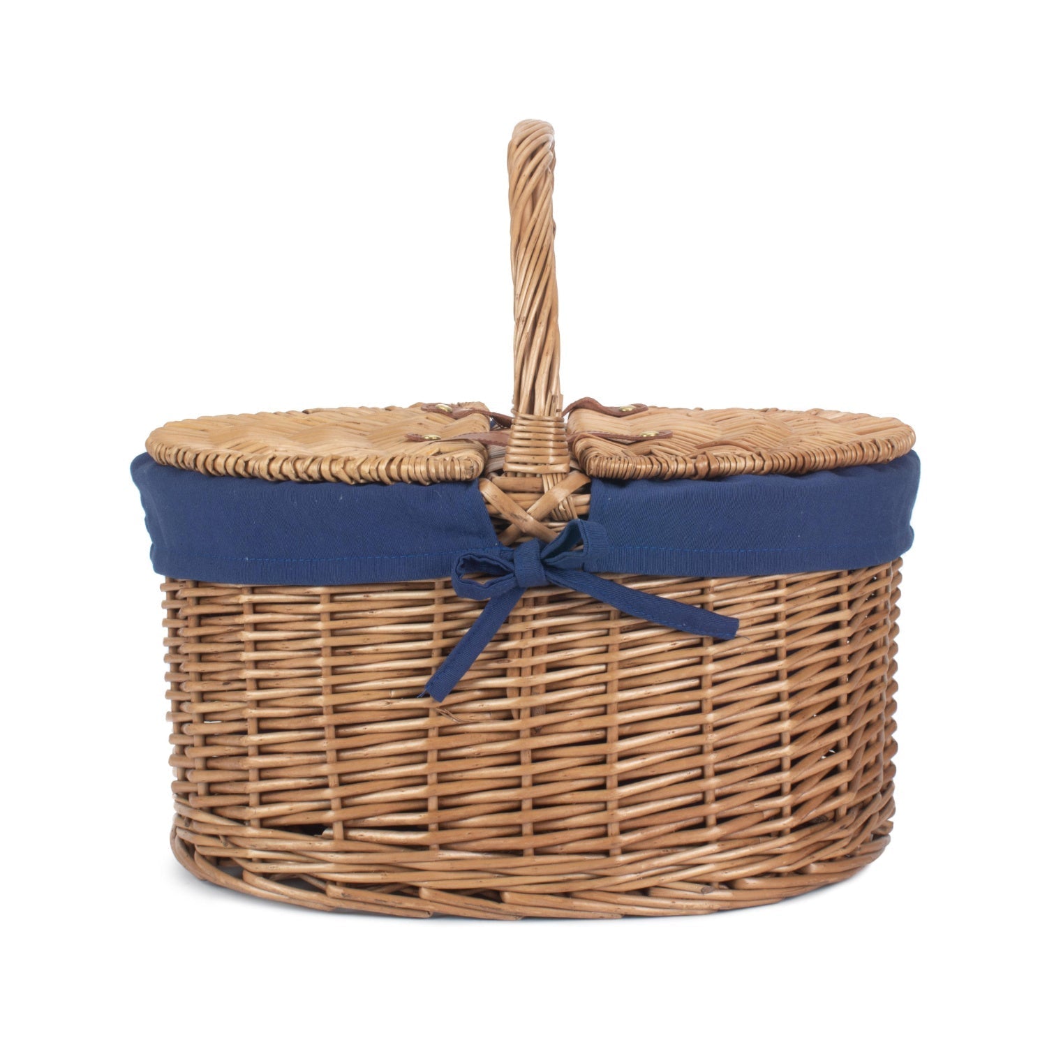 Light Steamed Willow Oval Lidded Picnic Hamper Basket with Navy Blue Lining - REGN