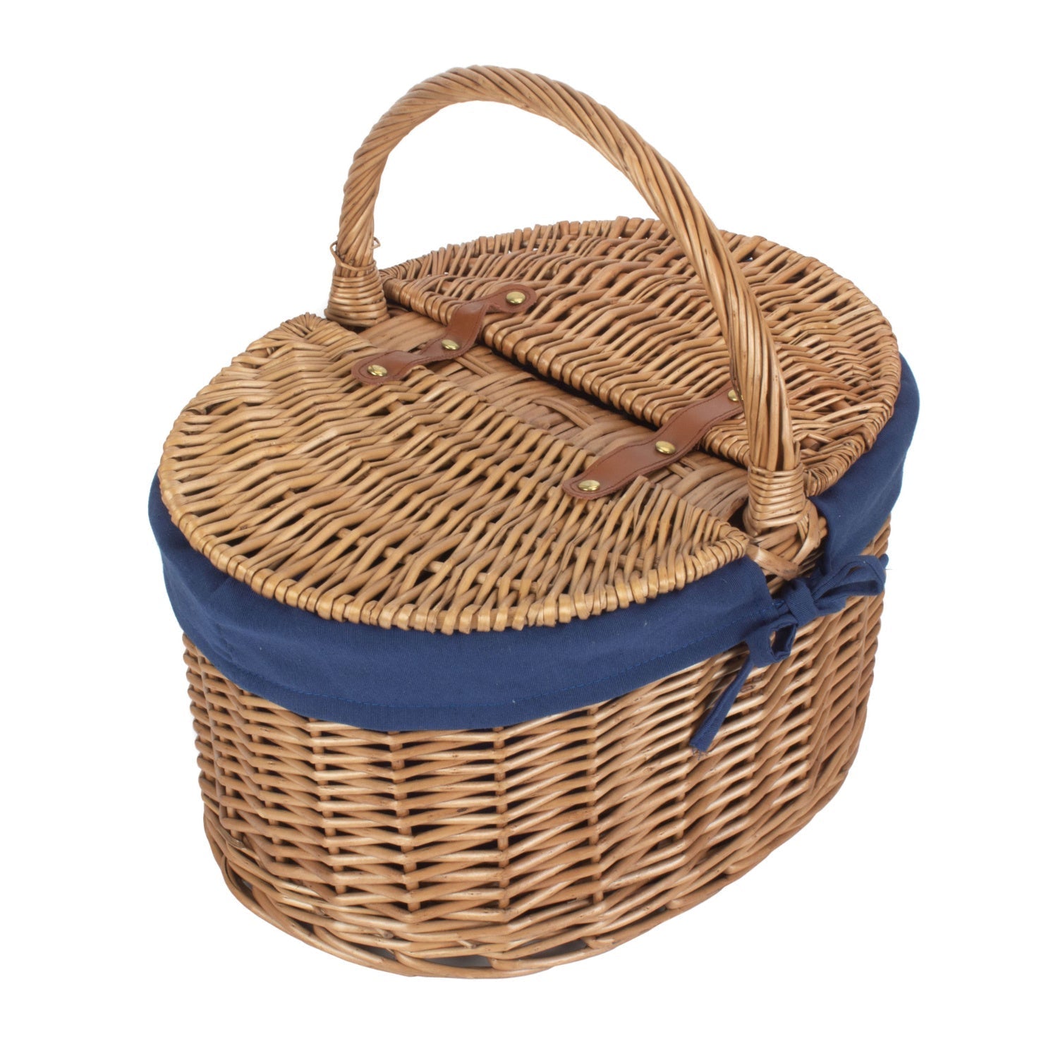Light Steamed Willow Oval Lidded Picnic Hamper Basket with Navy Blue Lining - REGN