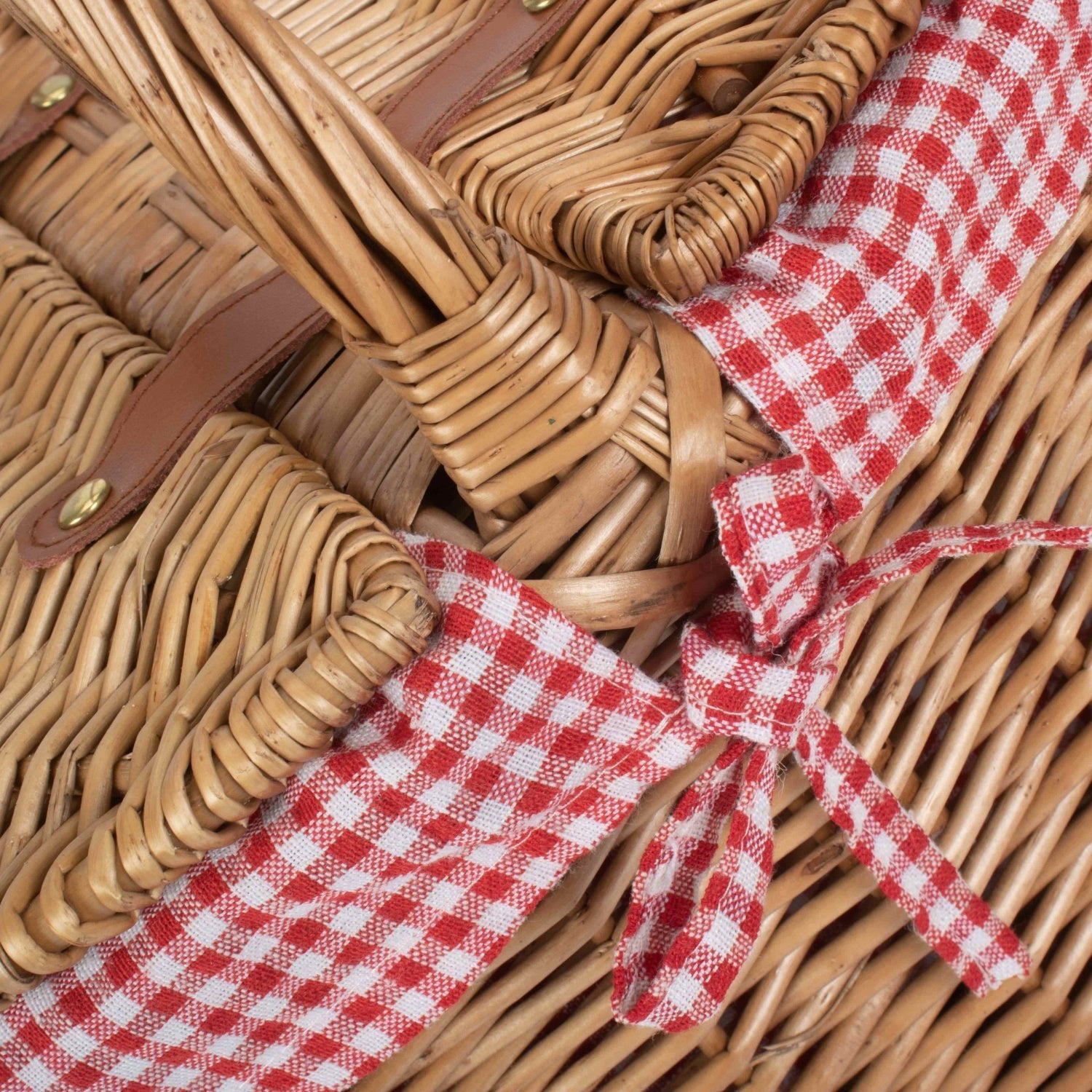 Light Steamed Willow Oval Lidded Picnic Hamper Basket with Red & White Checked Lining - REGN