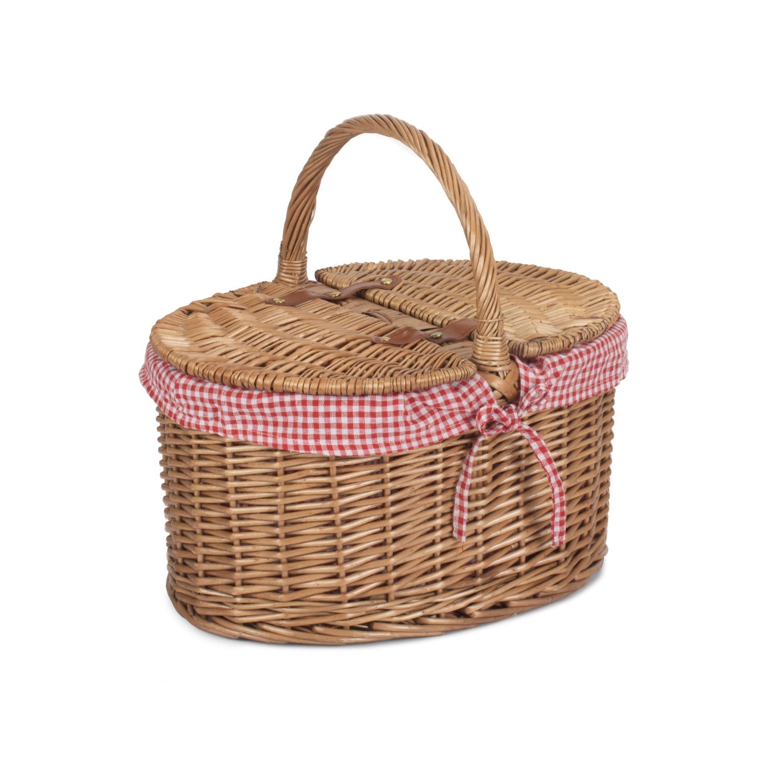 Light Steamed Willow Oval Lidded Picnic Hamper Basket with Red & White Checked Lining - REGN