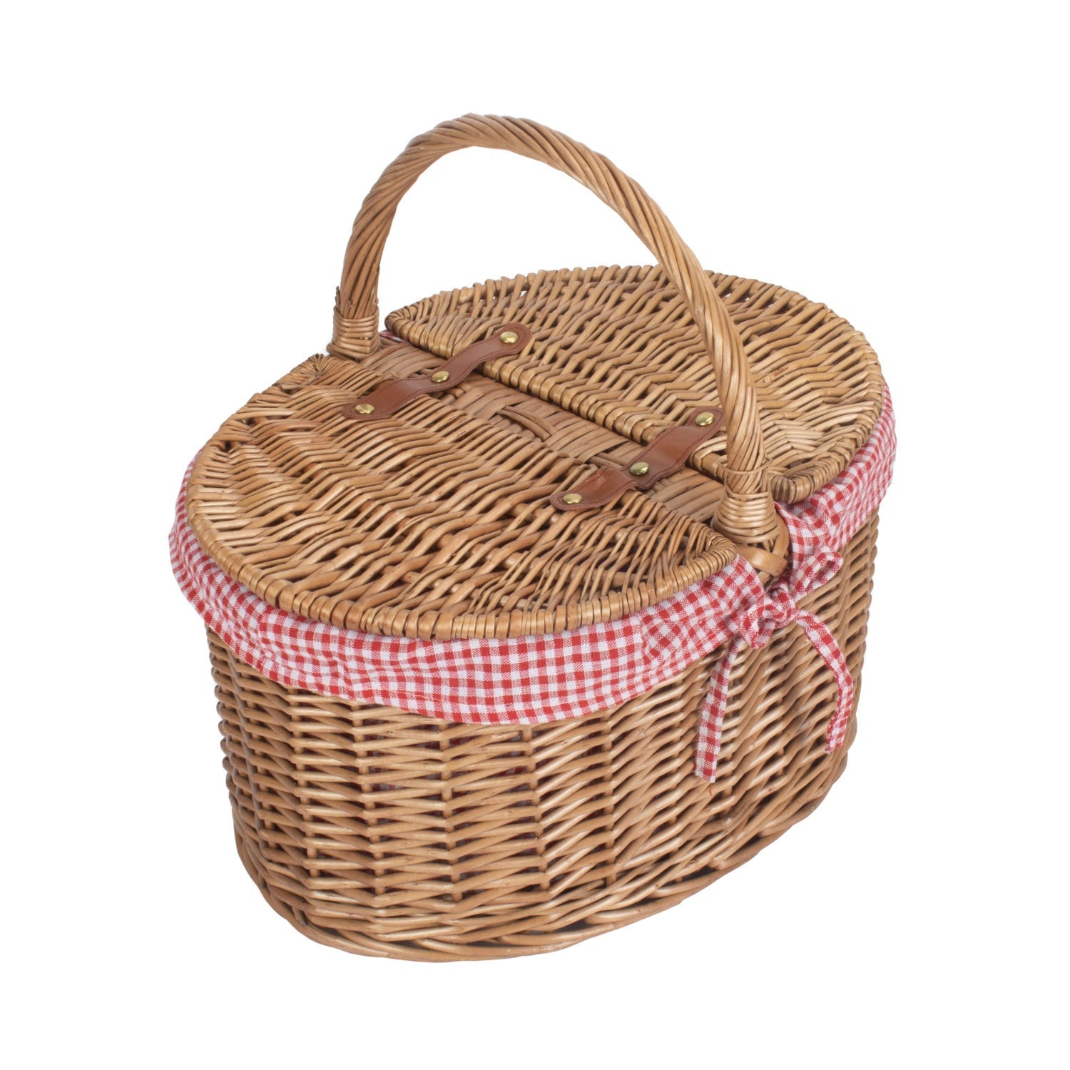 Light Steamed Willow Oval Lidded Picnic Hamper Basket with Red & White Checked Lining - REGN