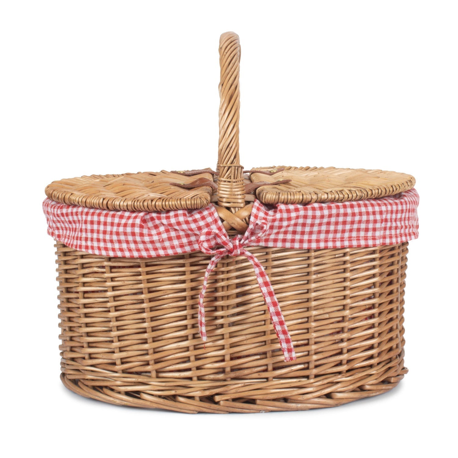 Light Steamed Willow Oval Lidded Picnic Hamper Basket with Red & White Checked Lining - REGN
