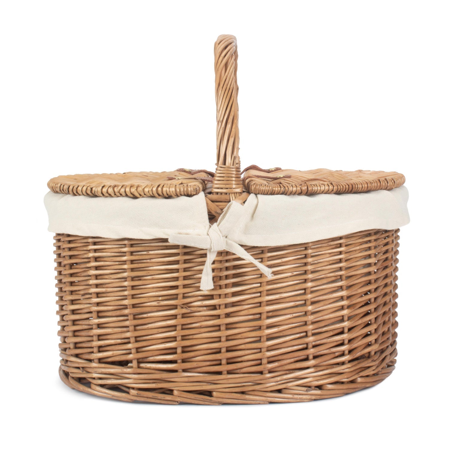 Light Steamed Willow Oval Lidded Picnic Hamper Basket with White Lining - REGN